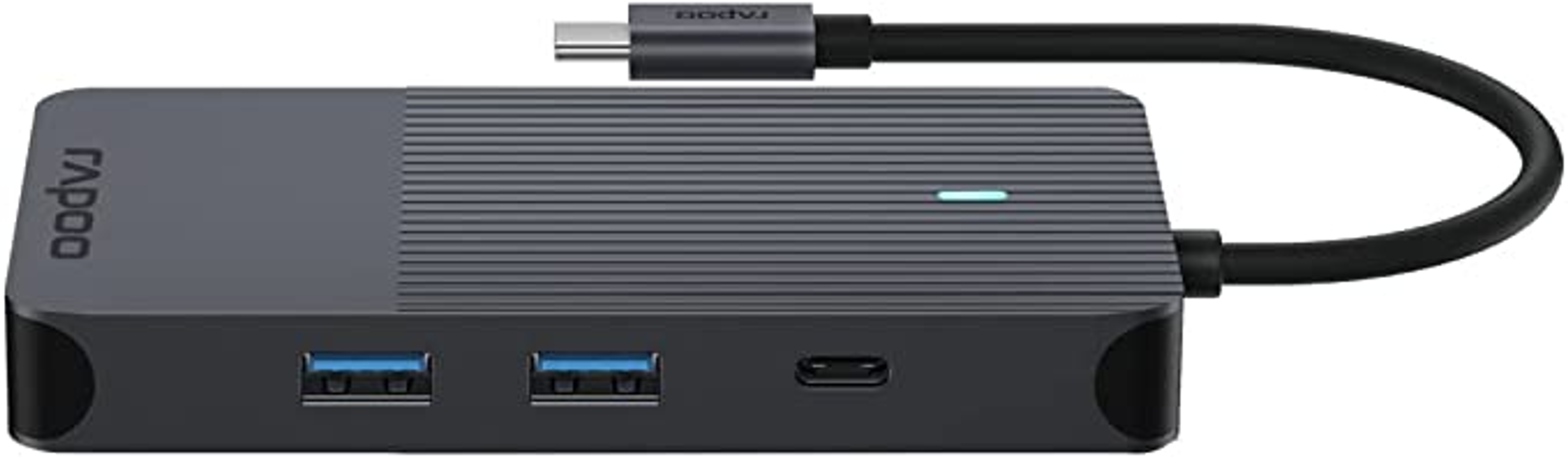 Un concentrador USB-C Rapoo gris oscuro con múltiples puertos, incluyendo USB, y un cable conectado.