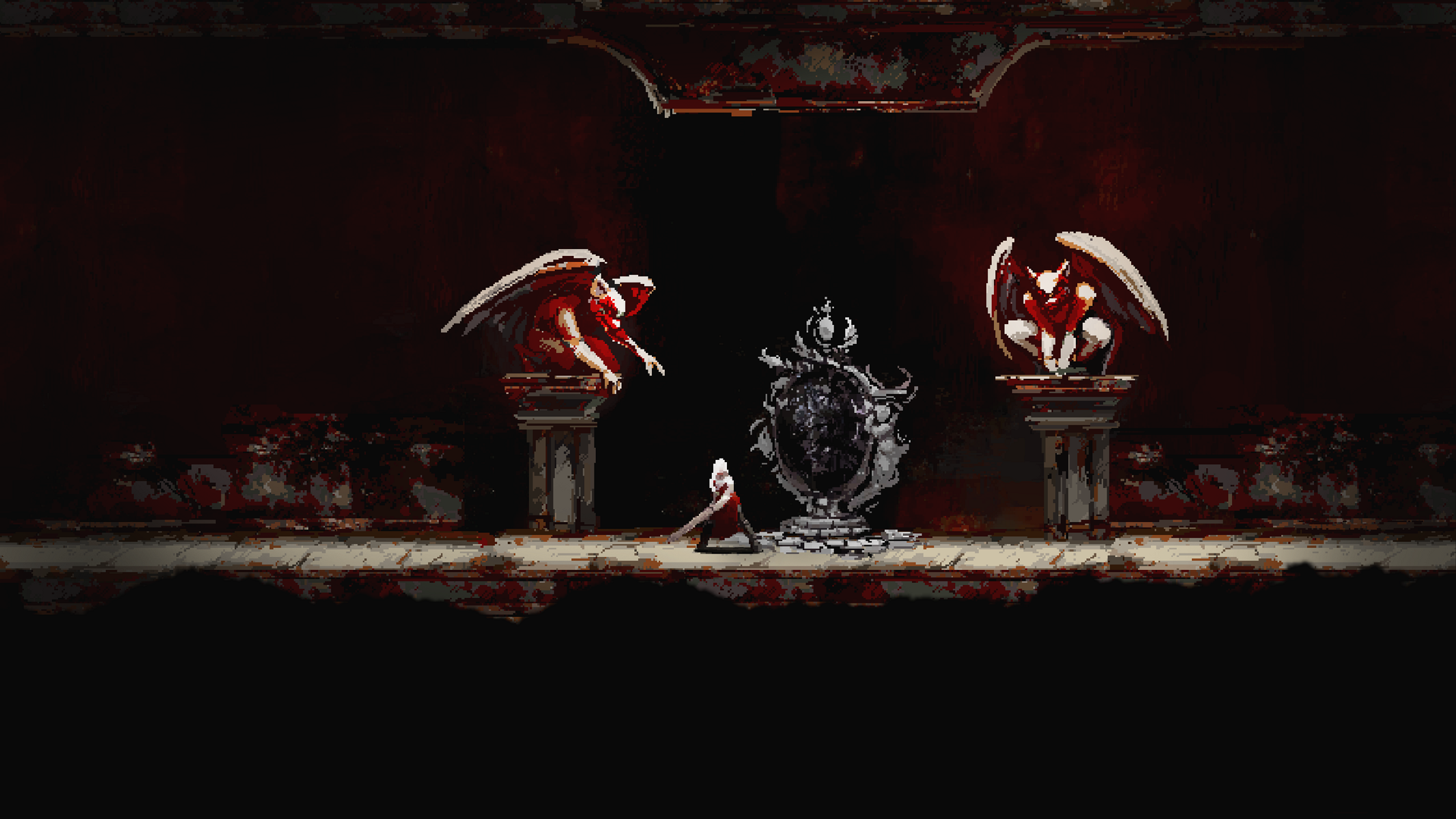 Immagine pixelata di una stanza buia con statue e una figura.