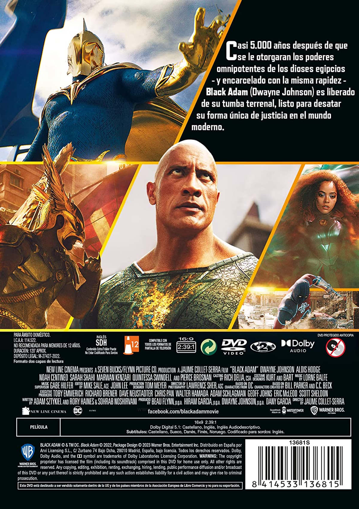 Funda de DVD con la portada de la película "Black Adam", con Dwayne Johnson. Incluye texto en español.