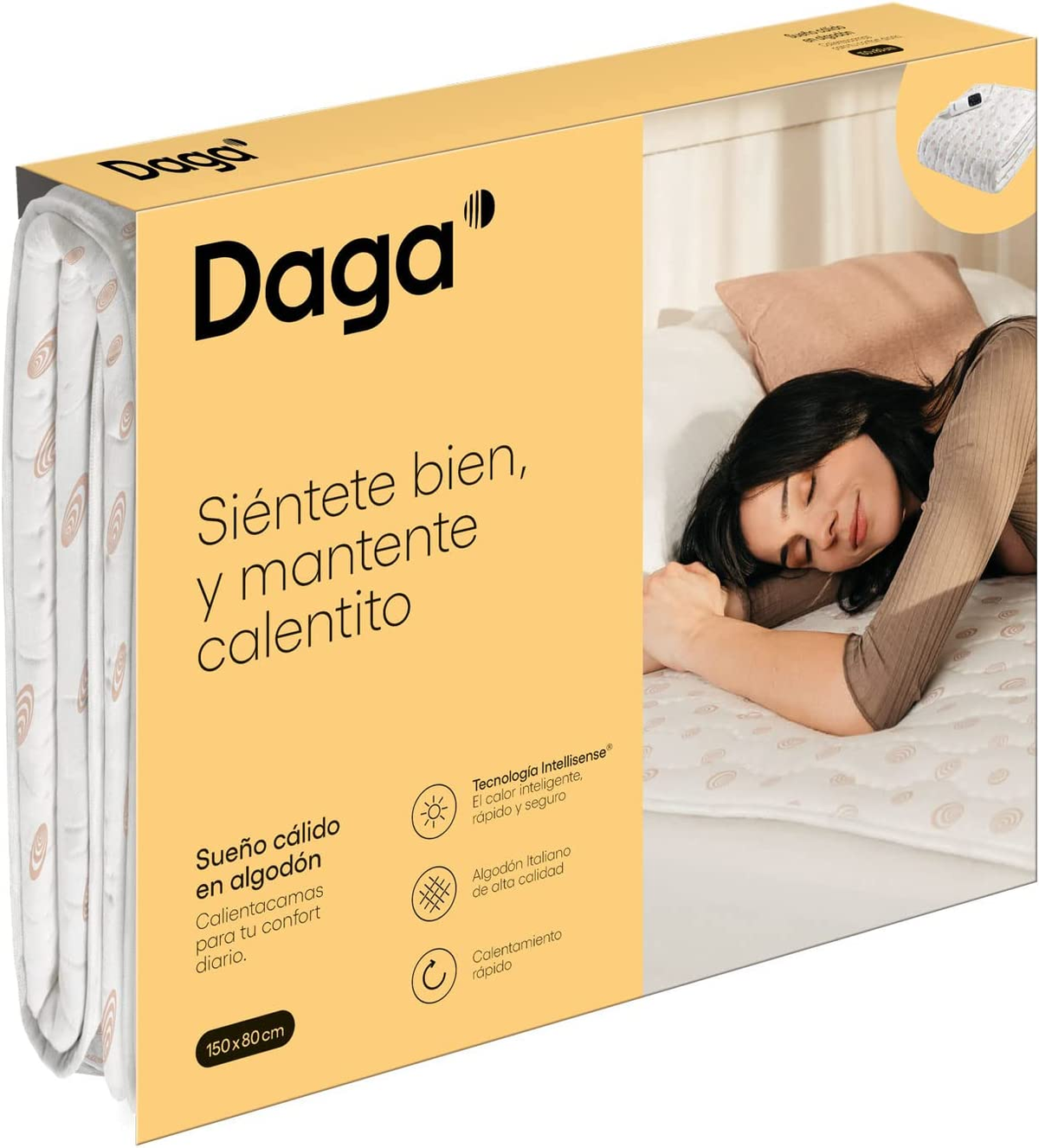 Caja muestra a una mujer durmiendo en una cama con una almohadilla térmica, texto en español. Colores beige y blanco.