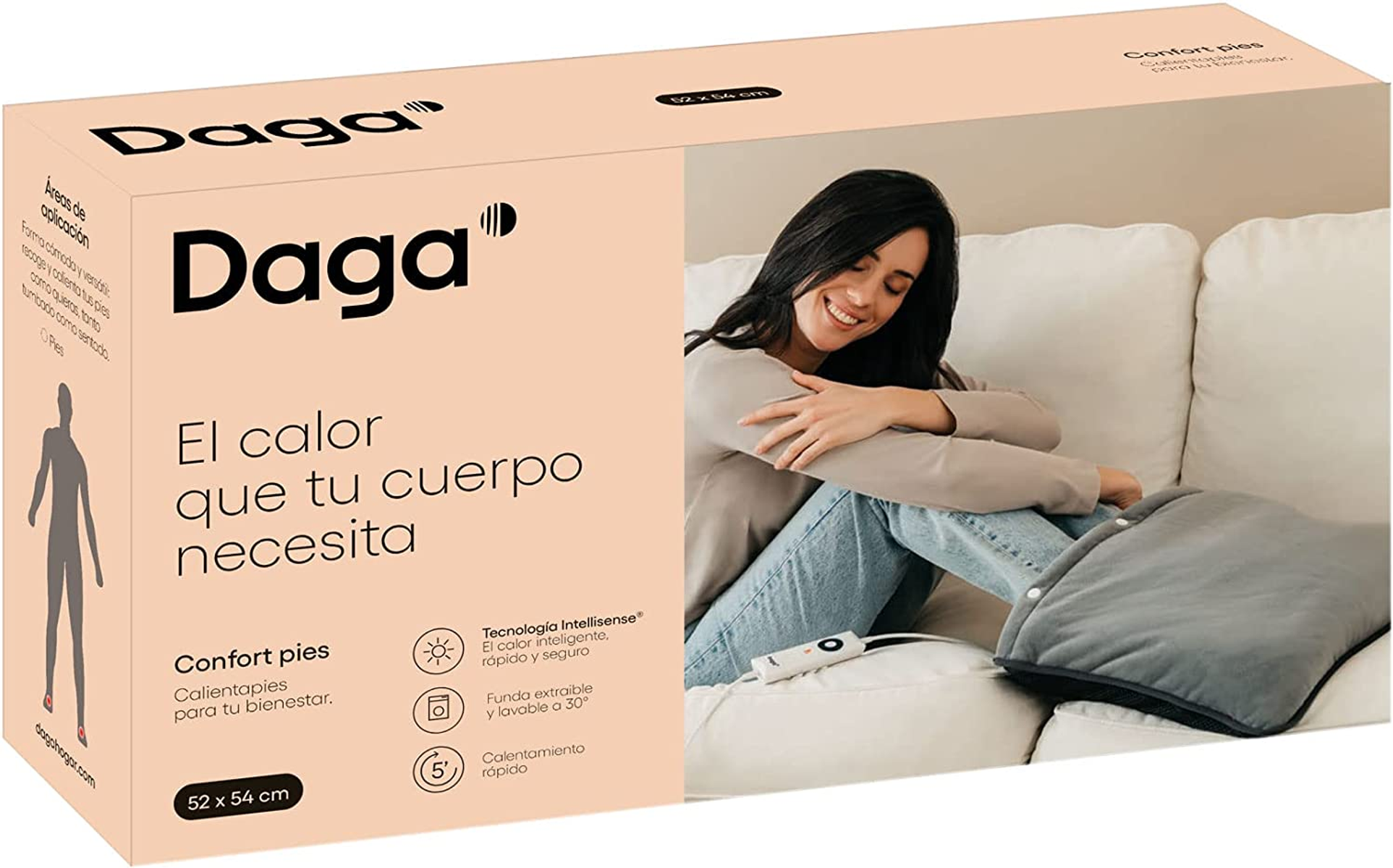 Una caja con texto y una mujer sentada en un sofá con un calentador de pies.
