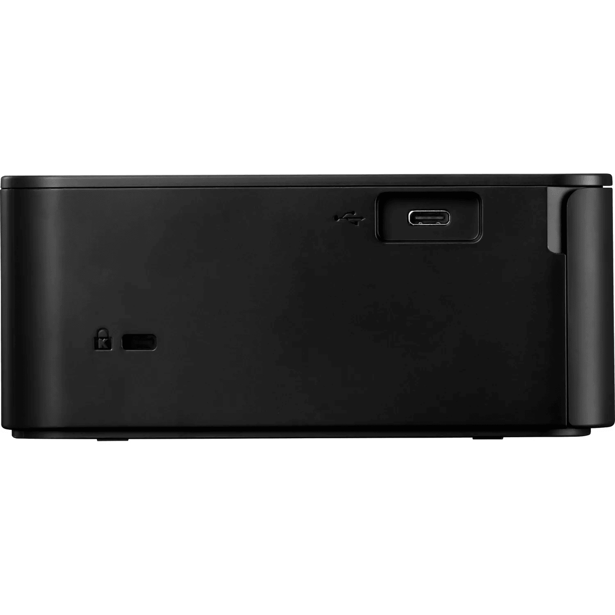 Zwart apparaat met een USB-C-poort en een slot symbool.