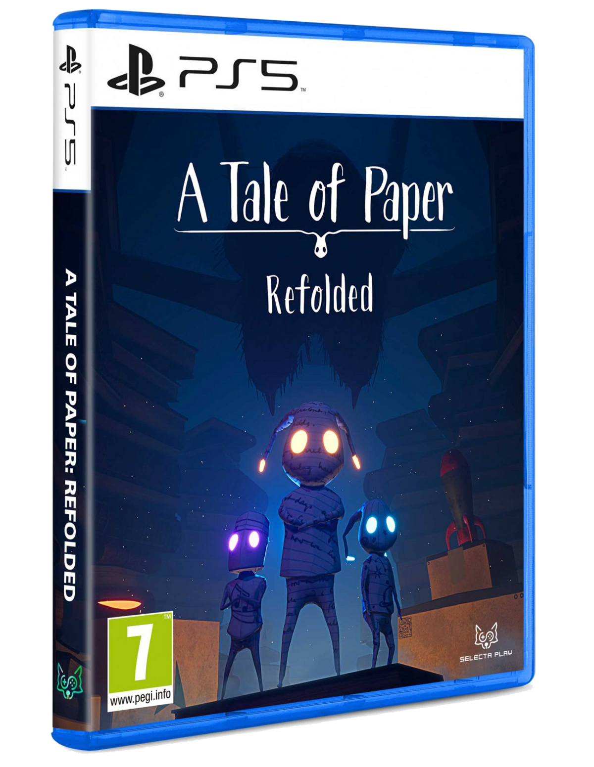 Pudełko z grą na PS5. Tytuł: A Tale of Paper Refolded. Postacie z papieru w ciemnym otoczeniu.