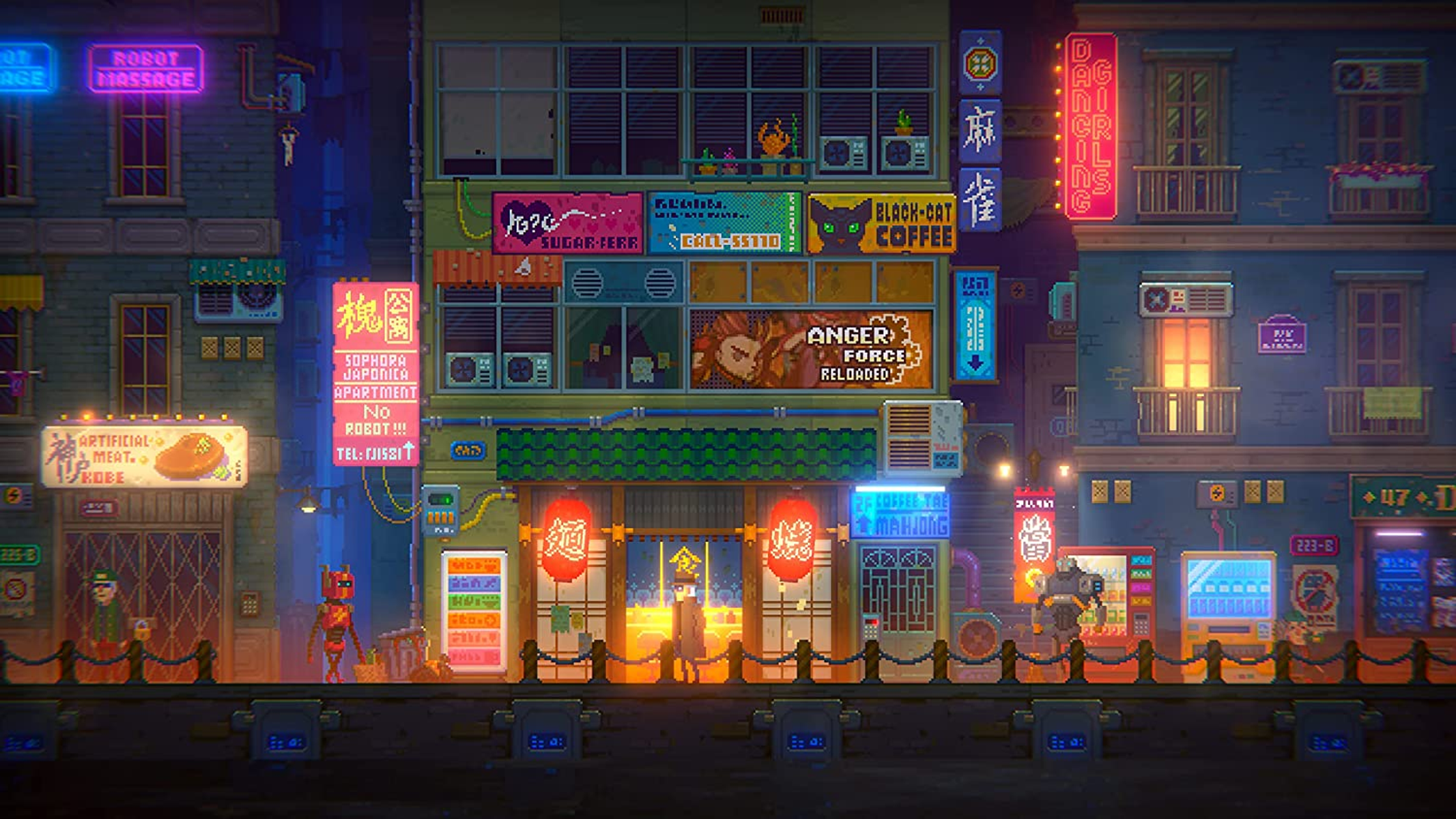 Una escena callejera pixelada de noche, con letreros de neón y edificios coloridos. Hay personajes presentes.