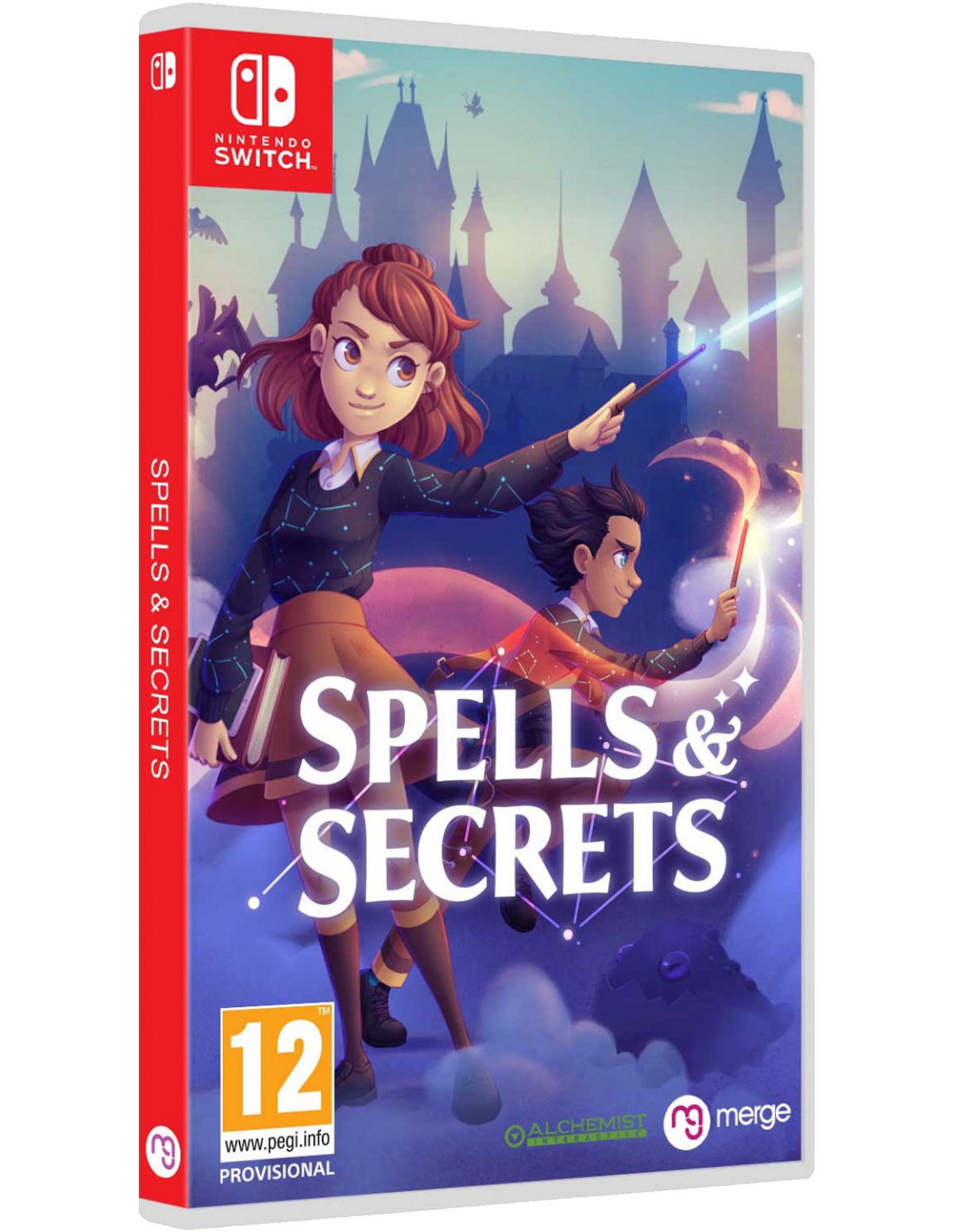 Caja del juego Nintendo Switch. Presenta dos personajes con varitas y el título del juego 'Spells & Secrets'.