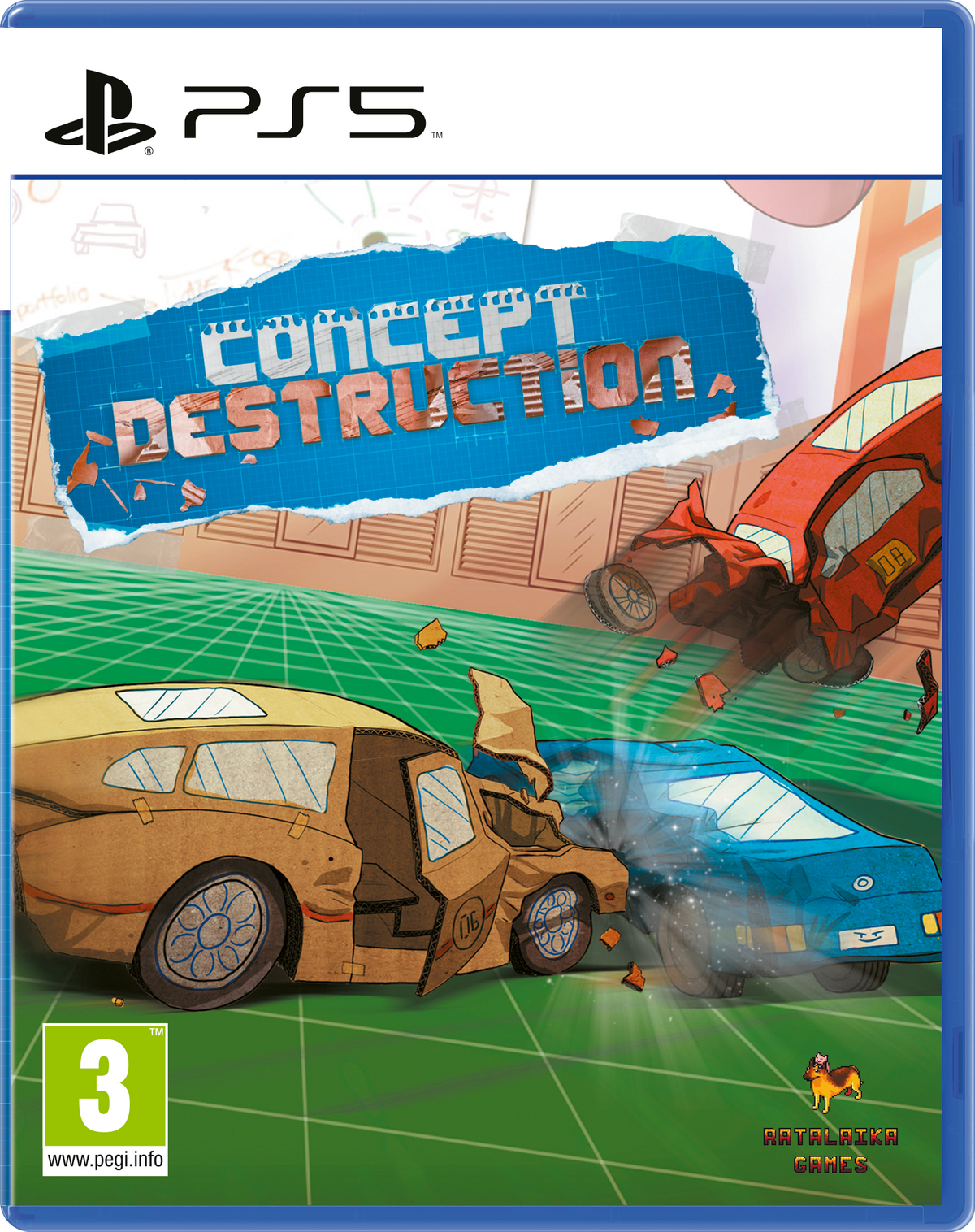 Grafika pudełka gry PS5 dla 'Concept Destruction', pokazująca kraksy samochodowe.