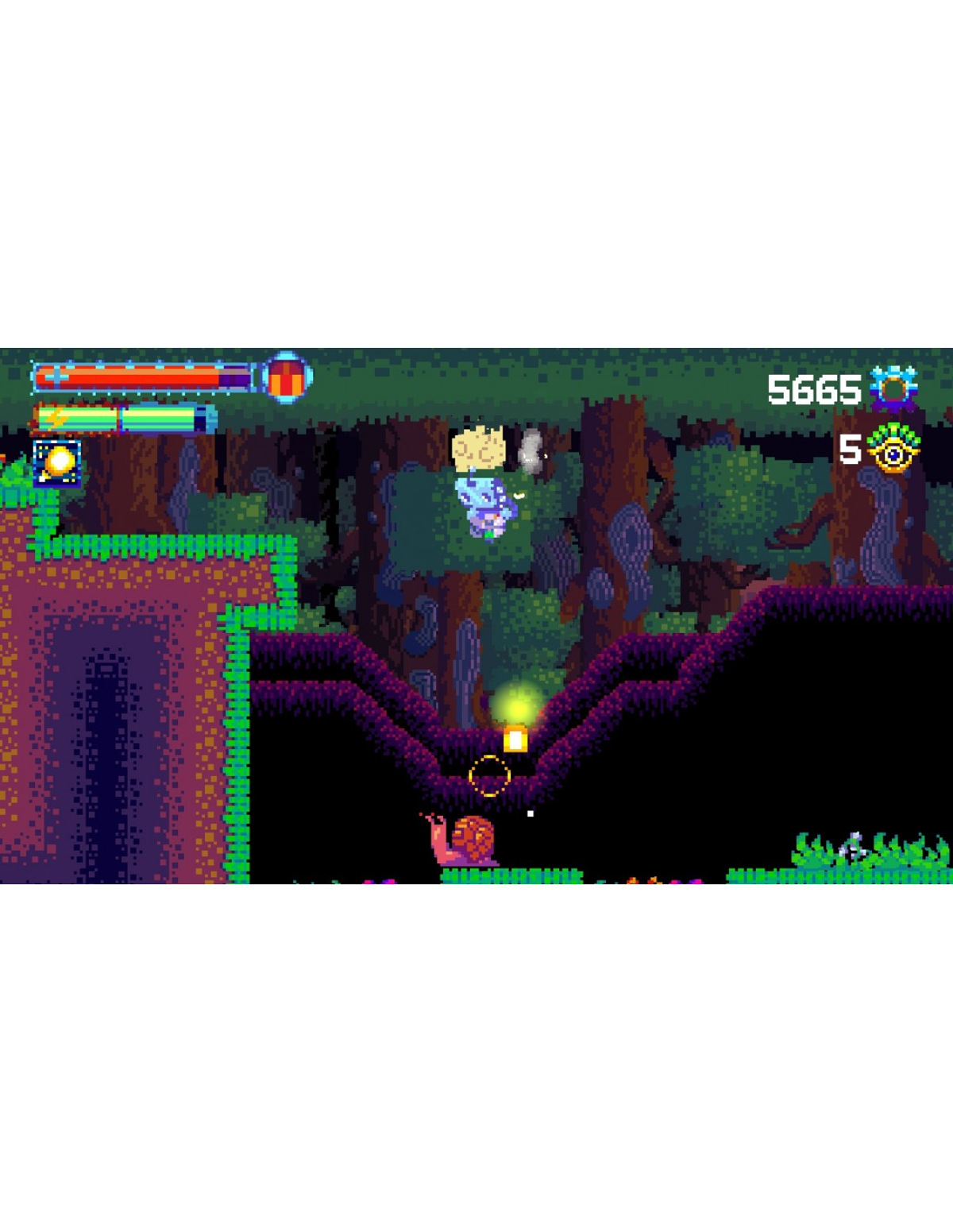 Ekran pixel art z gry wideo. Widoczna postać i ślimak.