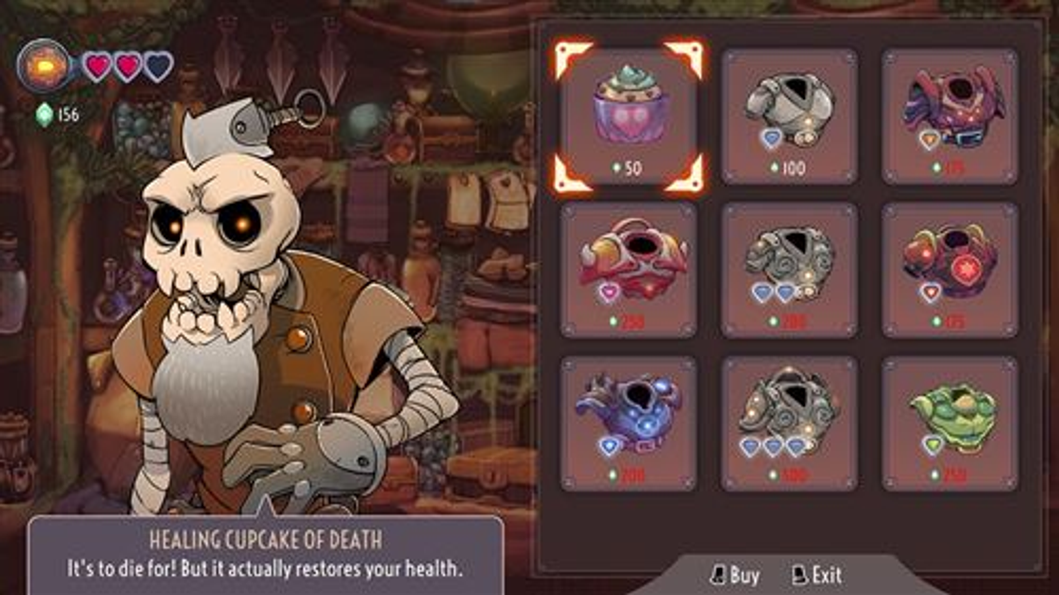 Screenshot di gioco di uno scheletro con oggetti, interfaccia di gioco mostrata.