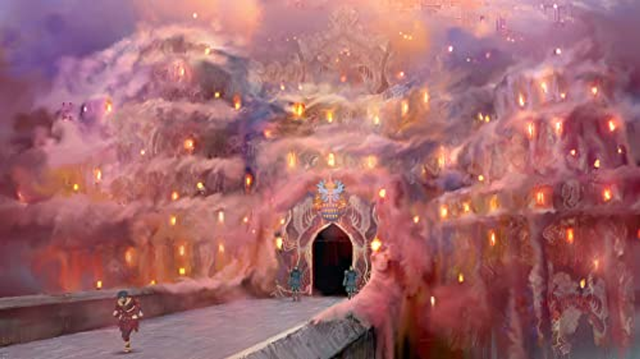 Ilustración fantástica de un edificio, con figuras y luces.