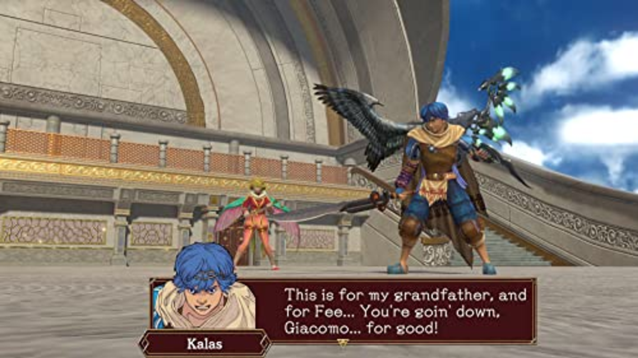 Escena de videojuego con personajes. Cuadro de diálogo aparece en la parte inferior.