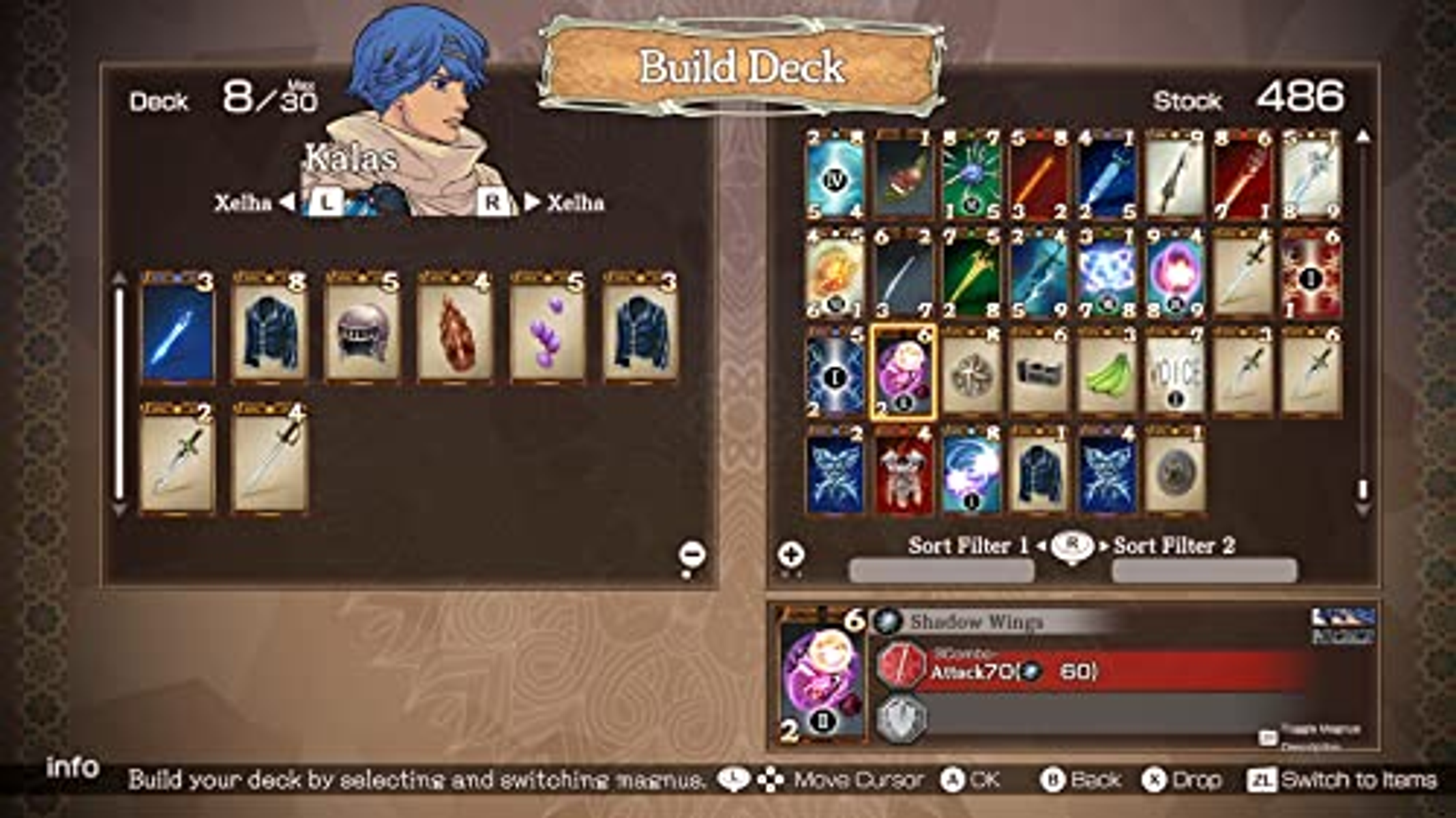 Un'interfaccia di videogioco che mostra le opzioni delle carte e i dettagli del personaggio.