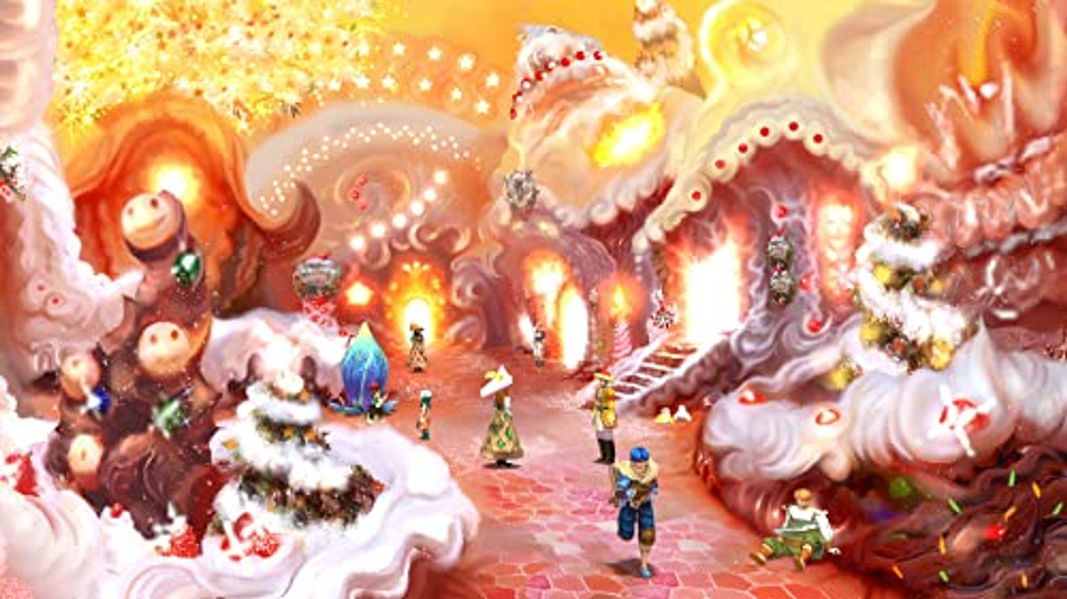 Una vivace scena fantasy di un villaggio a tema caramelle con personaggi, neve e decorazioni festive.