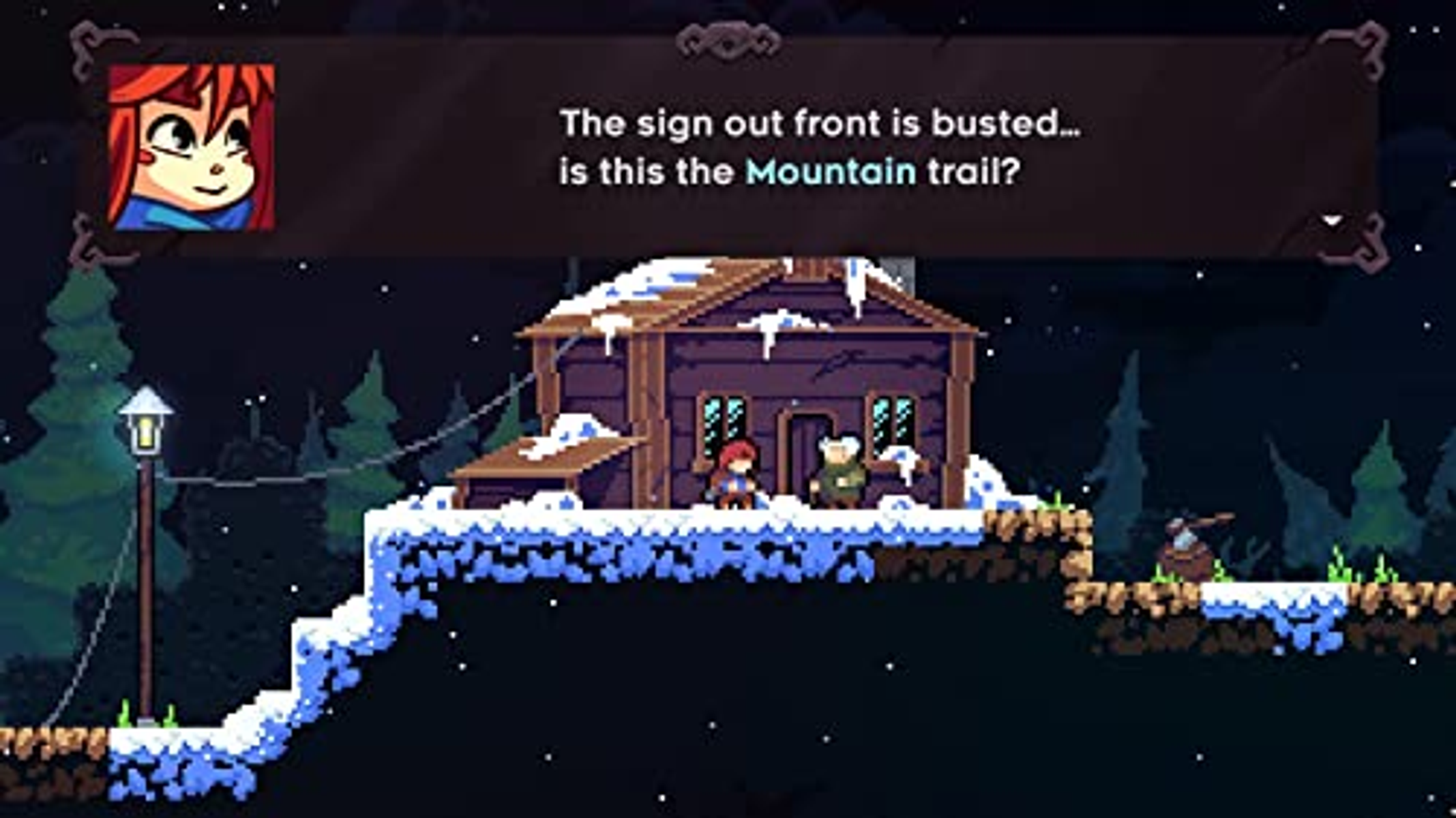 Escena de juego pixelada. Cabaña en la nieve, dos personajes y un cuadro de diálogo.