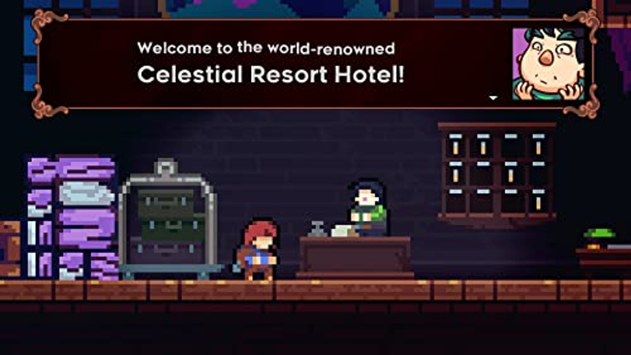 Escena de juego pixelada, personajes en la recepción de un hotel.