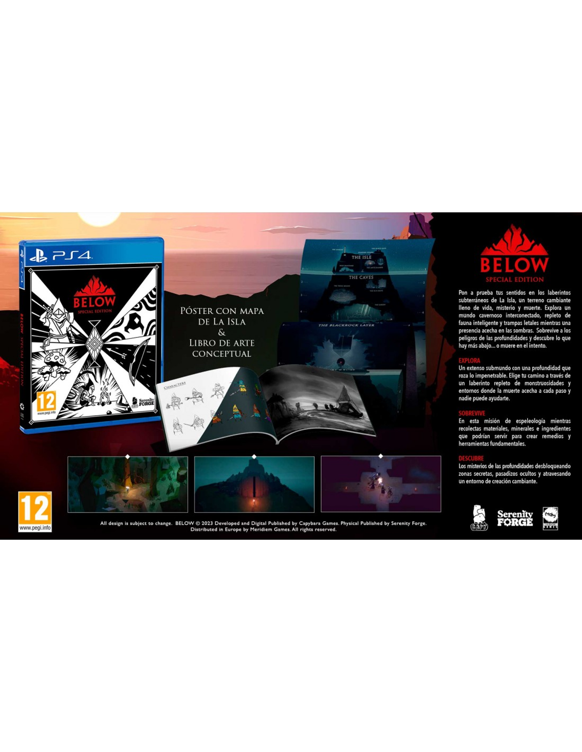 Scatola di gioco con logo PS4 e arte del libro. Lo sfondo mostra un paesaggio e screenshot di gioco.