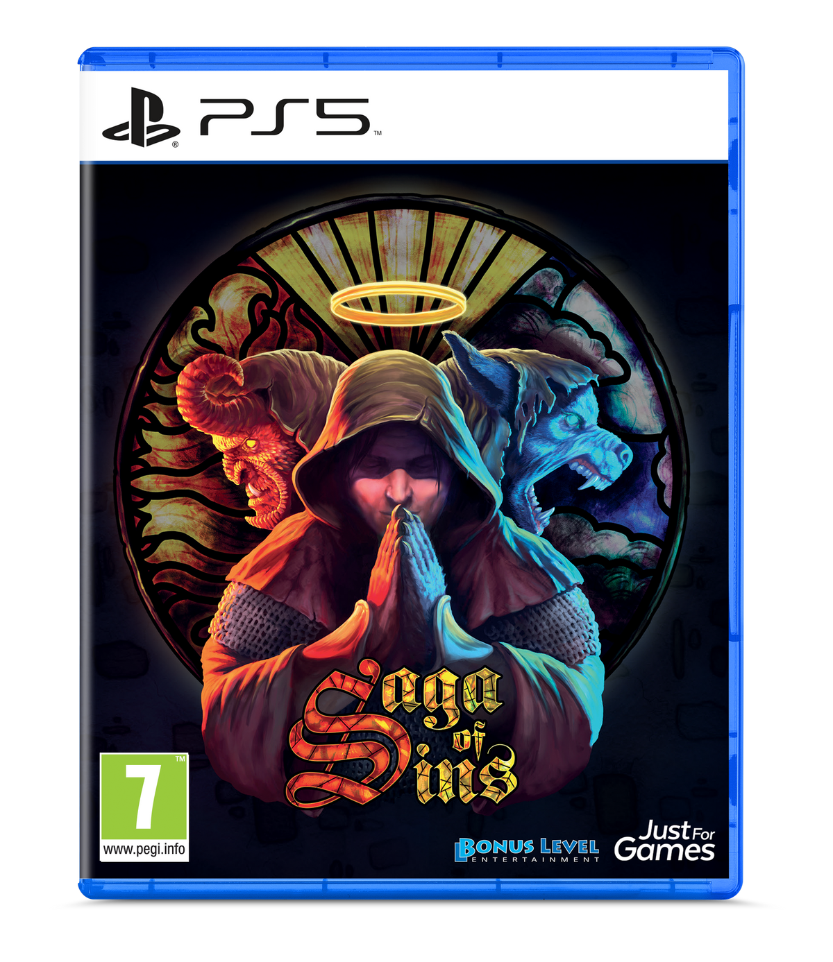 Caja de arte del juego Saga of Sins. Una persona con una t única roja está rezando.