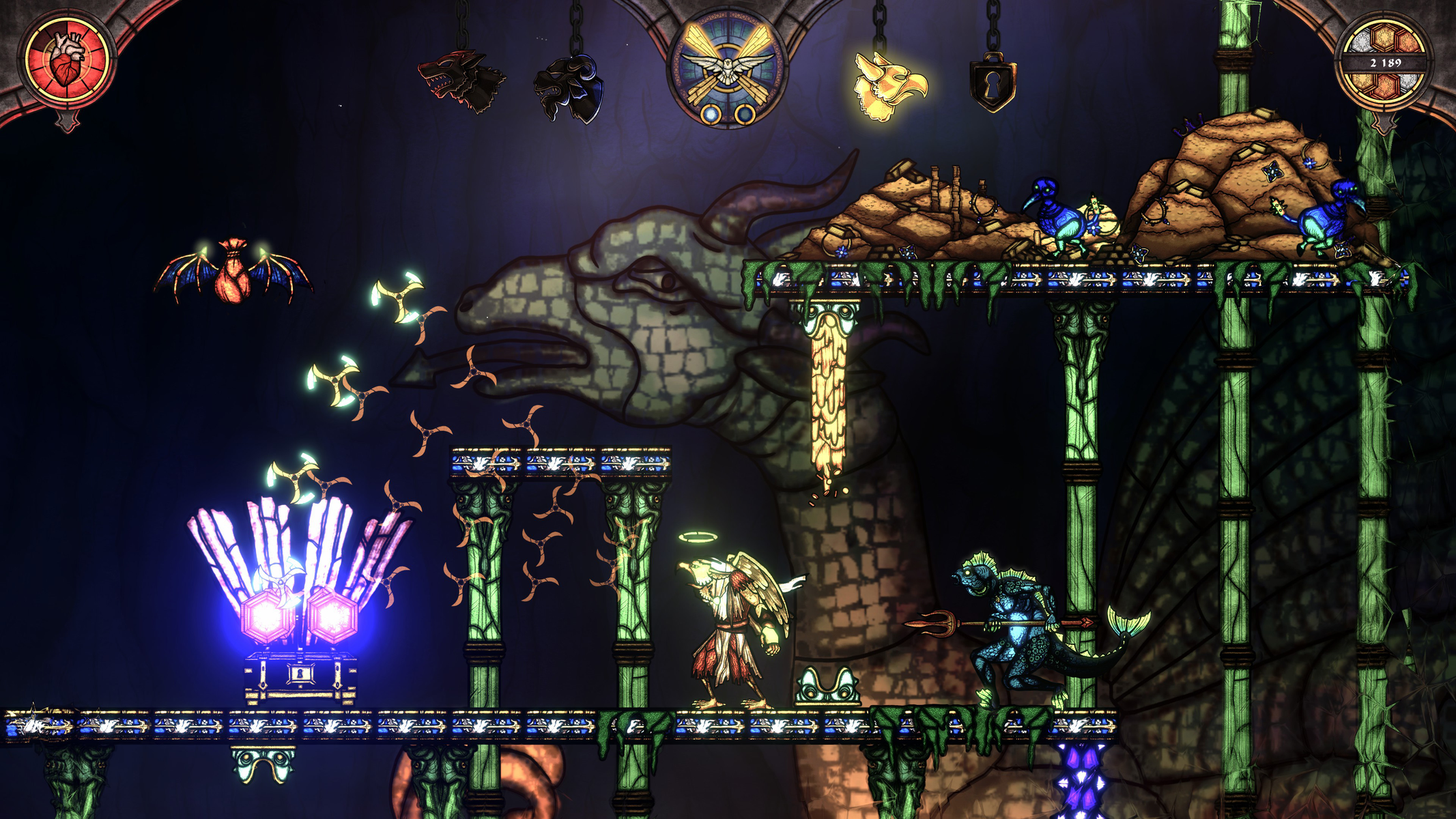 Escena de juego de plataformas. Una cabeza de dragón en la parte superior. Personajes en plataformas, con monstruos y proyectiles.