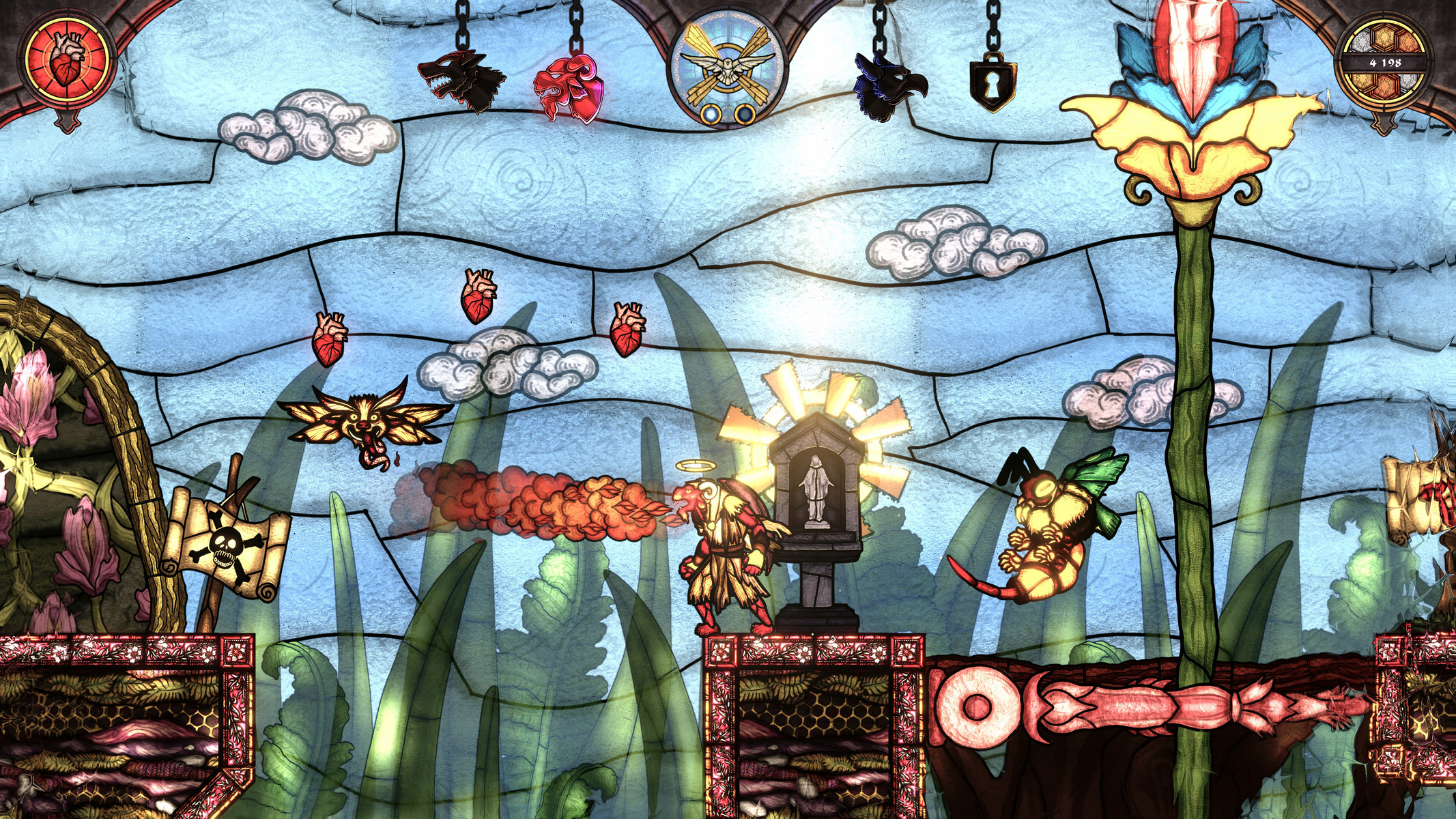 Una scena di un videogioco a scorrimento laterale. Un personaggio spara fuoco. Ci sono cuori fluttuanti, nemici e un grande fiore.