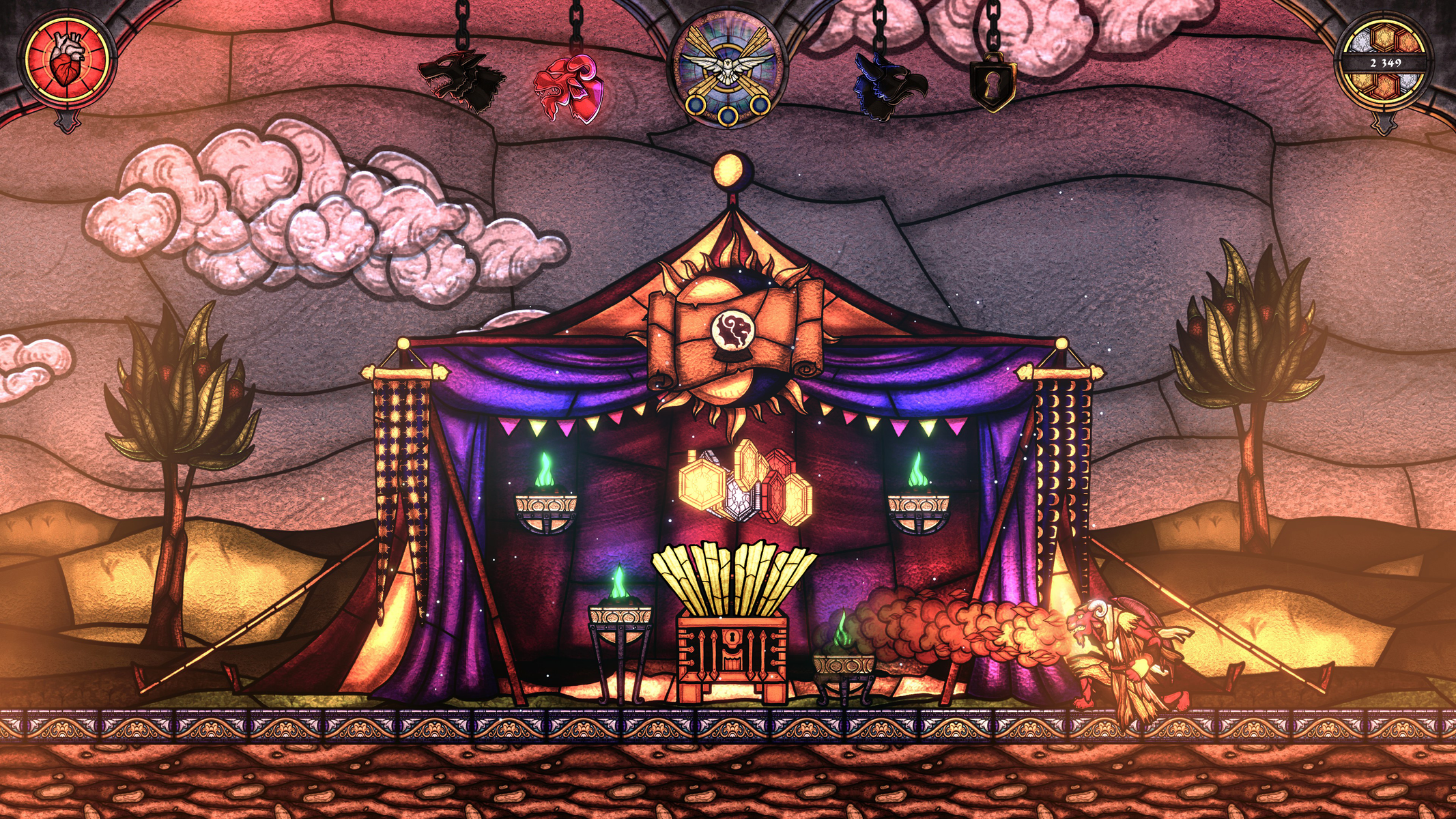 Una scena di gioco colorata raffigura una tenda con oggetti e un personaggio su un palco.