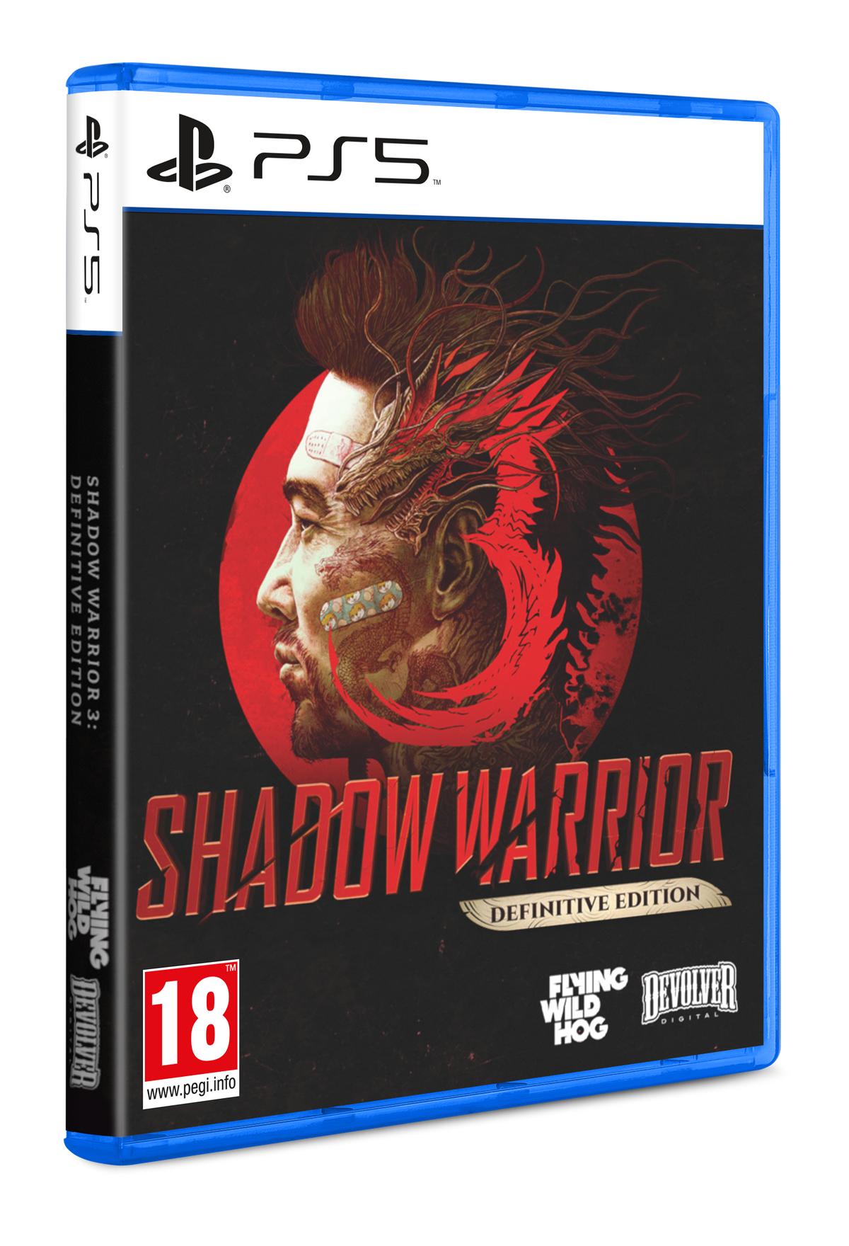 Caja de juego PS5. Tiene un hombre con tatuajes faciales y pelo rojo. El juego es Shadow Warrior 3.