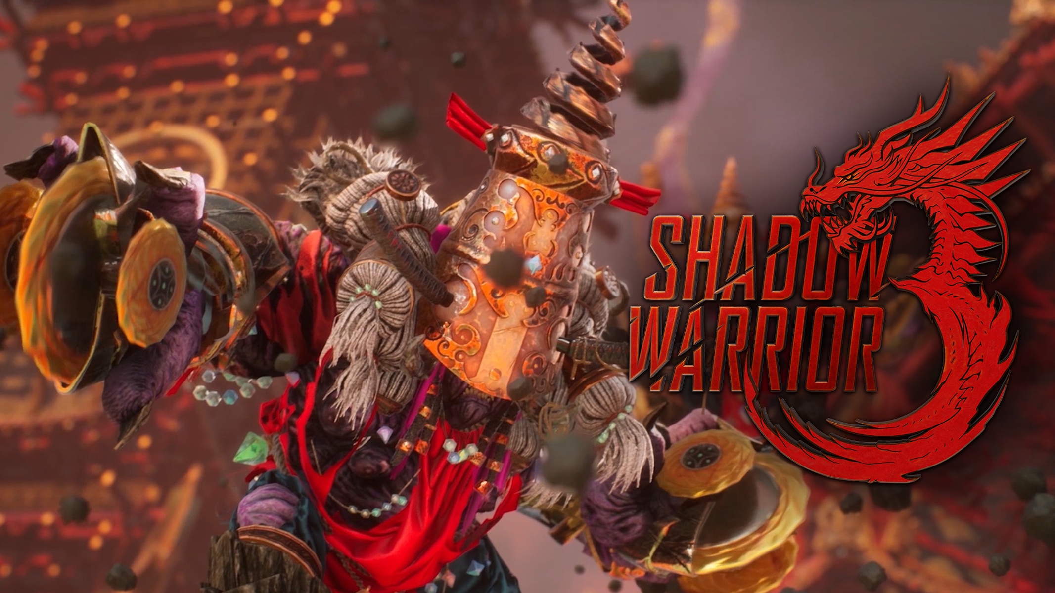 Un personaje grande de un juego con un arma gigante y el título: SHADOW WARRIOR.