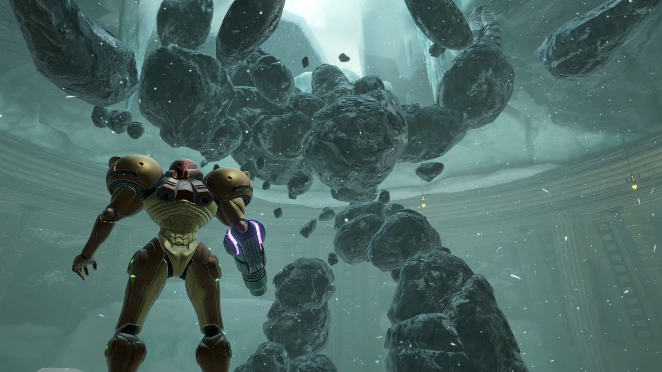 Samus Aran w futurystycznym otoczeniu, otoczona unoszącymi się skałami, patrząca w górę.