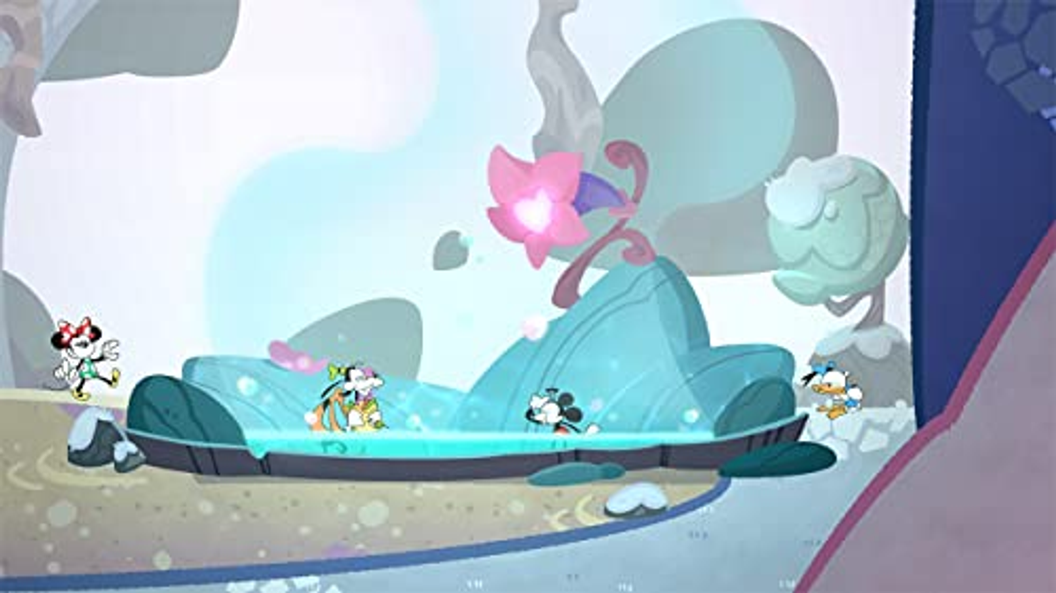 Escena de dibujos animados con Mickey Mouse, Minnie y el Pato Donald. Están en un entorno colorido.