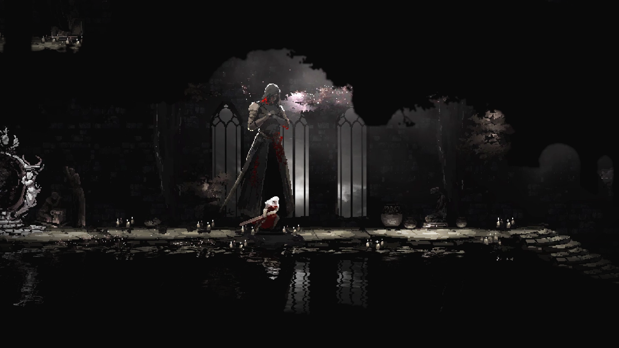 Una scena scura pixelata con un cavaliere e una figura che combattono.