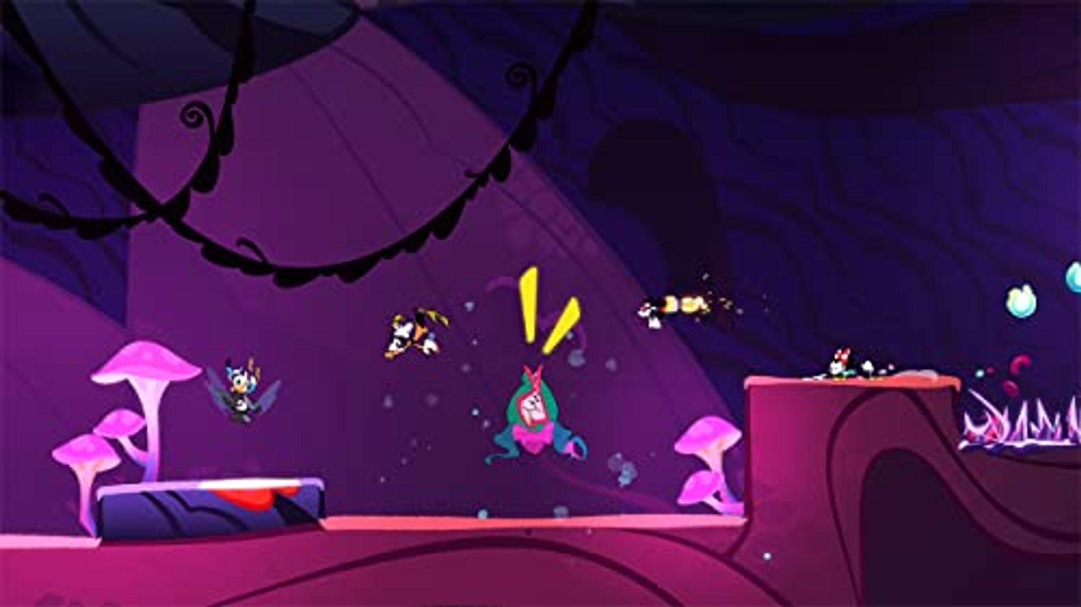 Escena de dibujos animados con personajes luchando en una cueva con plantas tipo hongo.