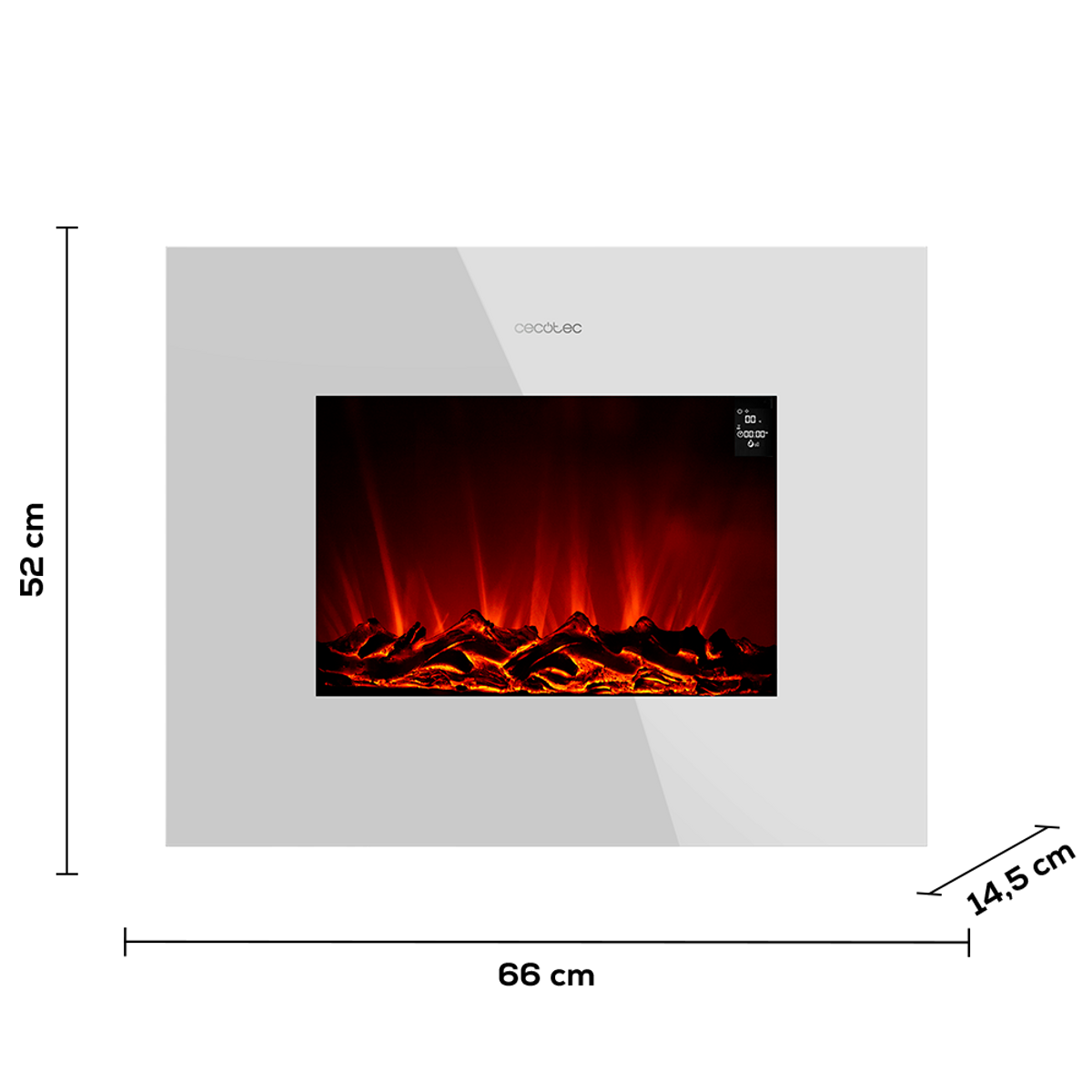 Un caminetto elettrico con cornice bianca mostra fiamme e un letto di braci ardenti.