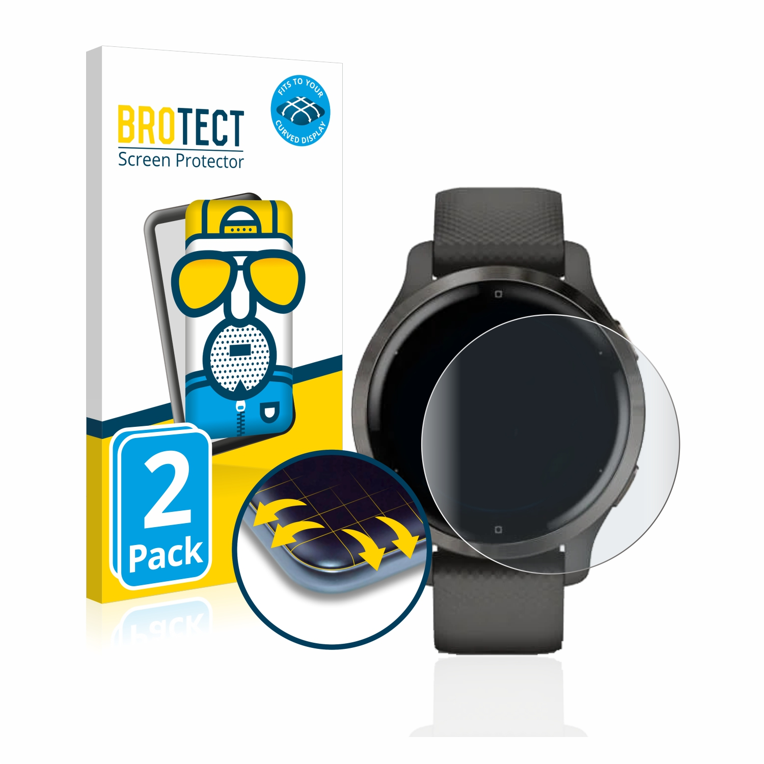 Eine schwarze Uhr mit Displayschutz und eine Box mit 2 Schutzfolien.