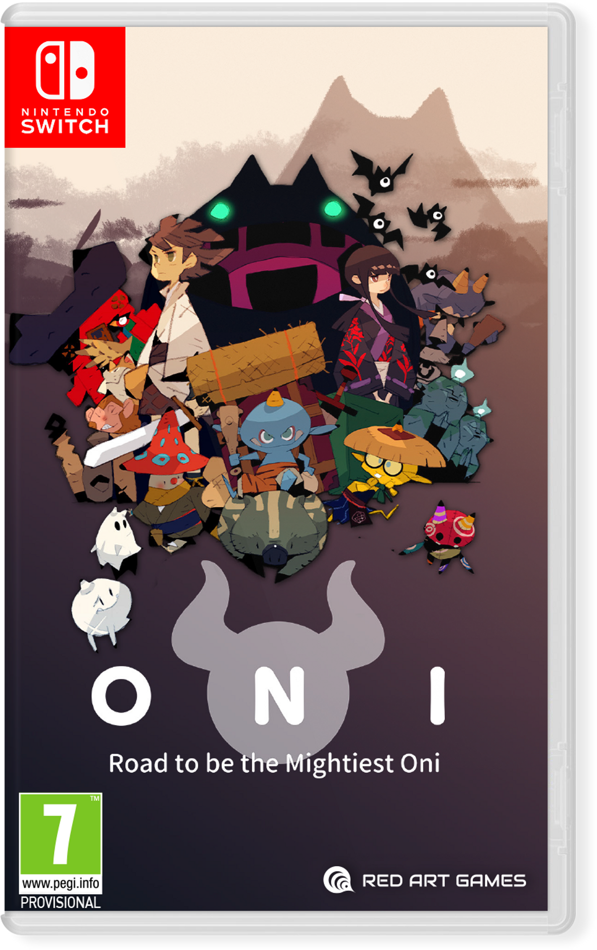 Pudełko gry Nintendo Switch, 'ONI: Road to be the Mightiest Oni', z różnymi postaciami.