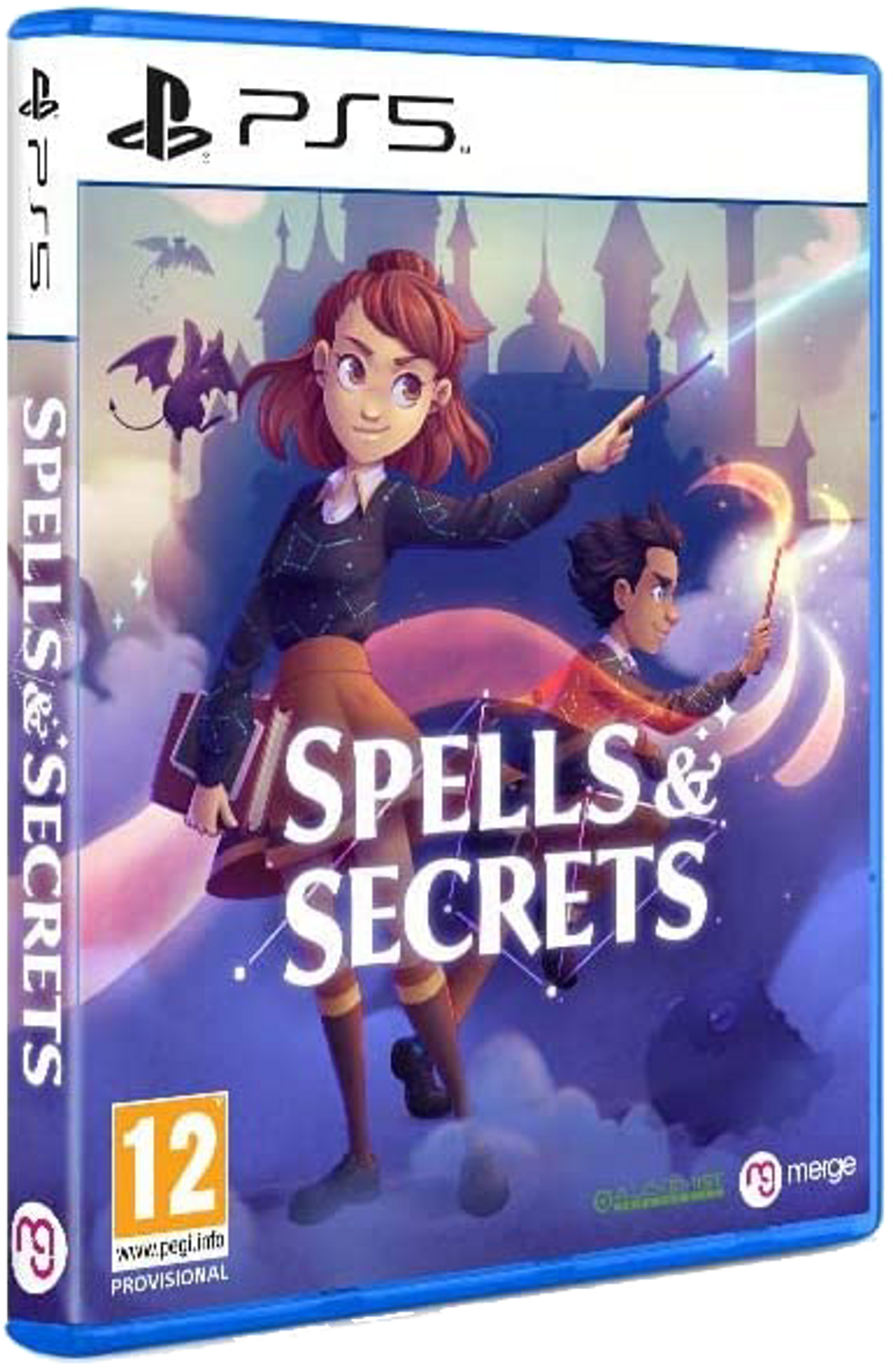 Una caja de juego de PS5 para 'Spells & Secrets'. Presenta dos personajes con varitas y un cielo púrpura.