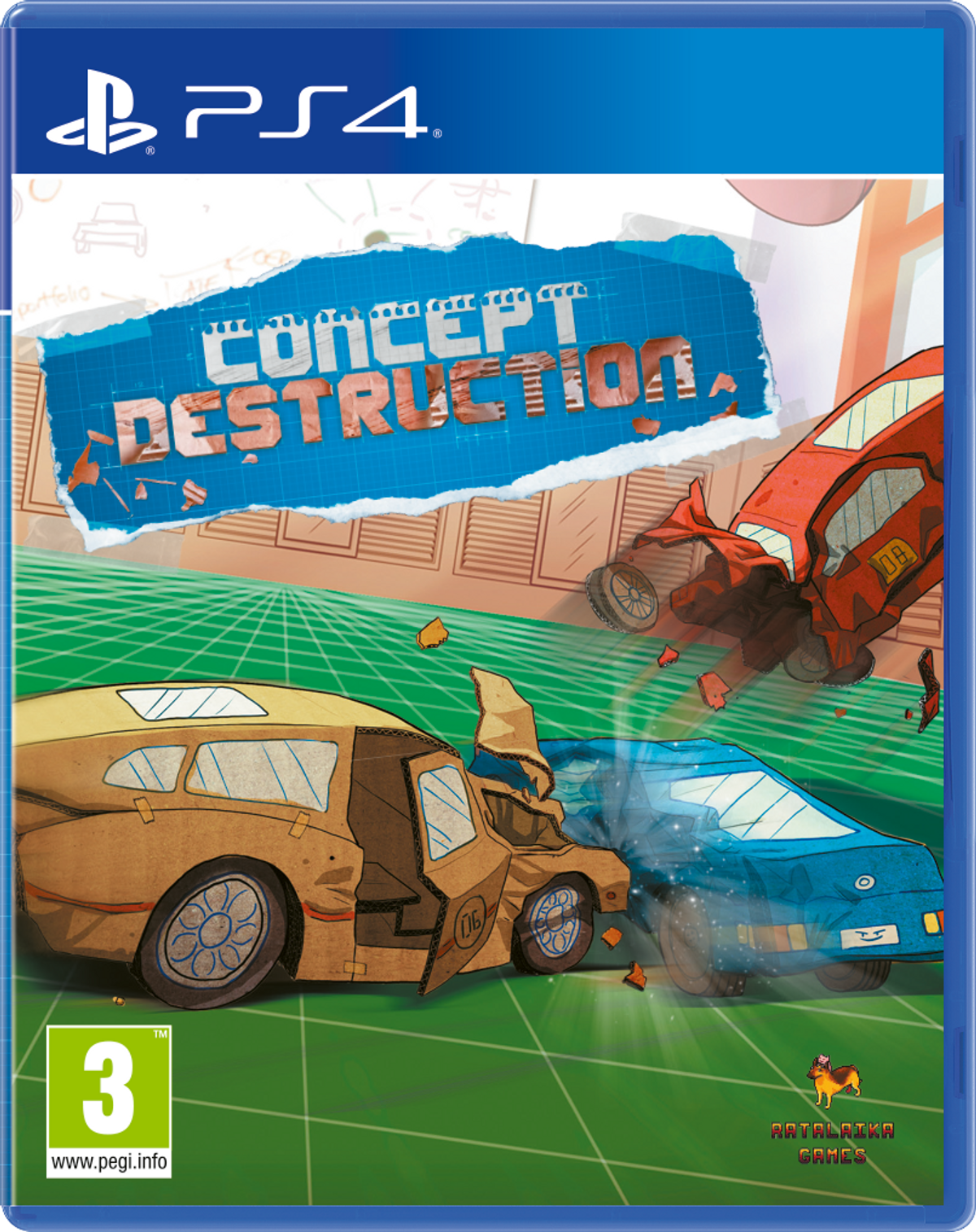 Caja de juego PS4, 'Concept Destruction', con coches de cartón chocando. Colores azul y beige.