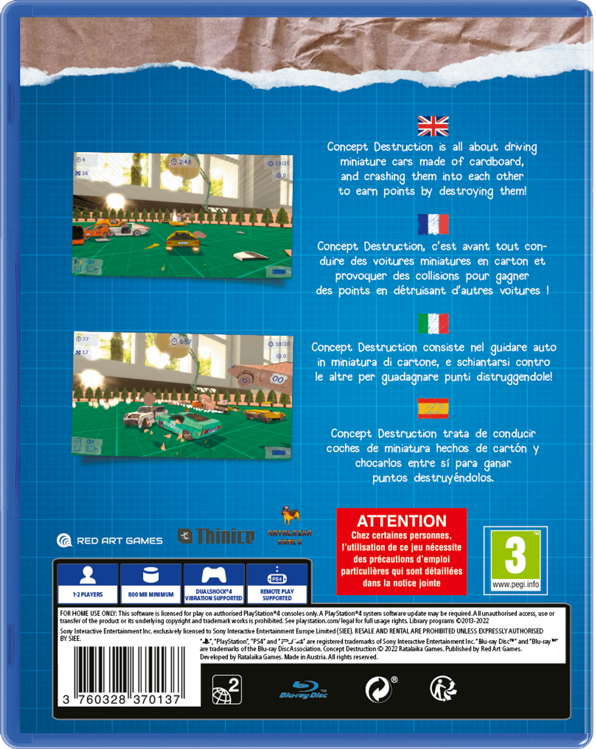 Parte trasera de una caja de juego de PS4. Contiene información sobre el juego y algunas capturas de pantalla.