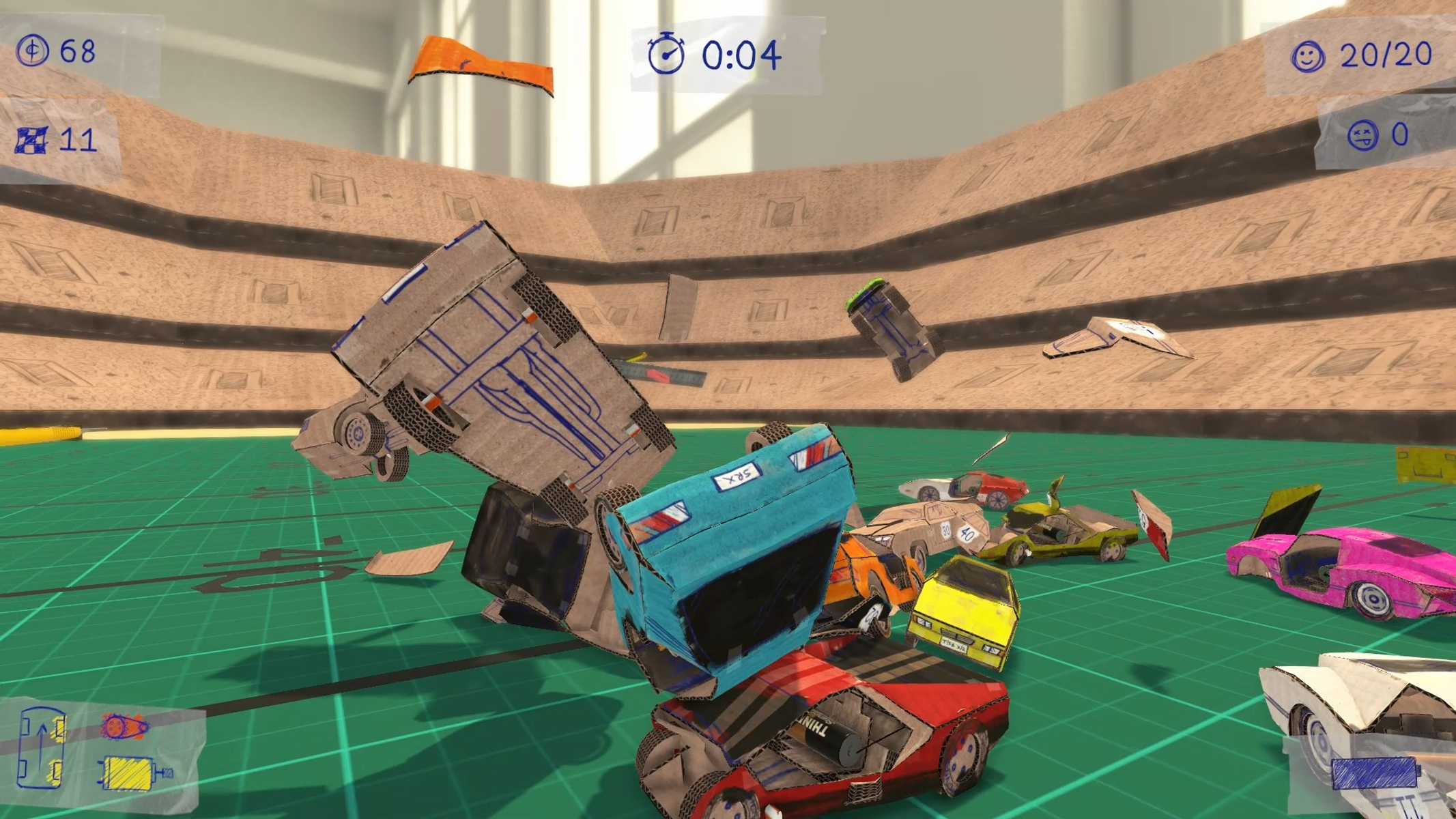 Una scena di gioco con più auto che si schiantano e volano in aria.
