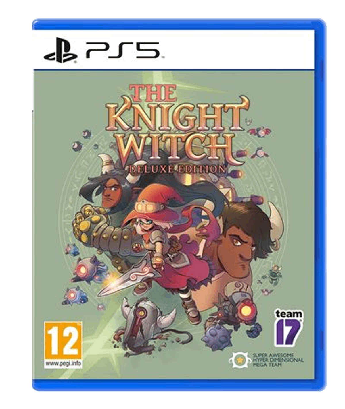 Artwork della scatola del gioco 'The Knight Witch'. Presenta vari personaggi e un logo PS5.