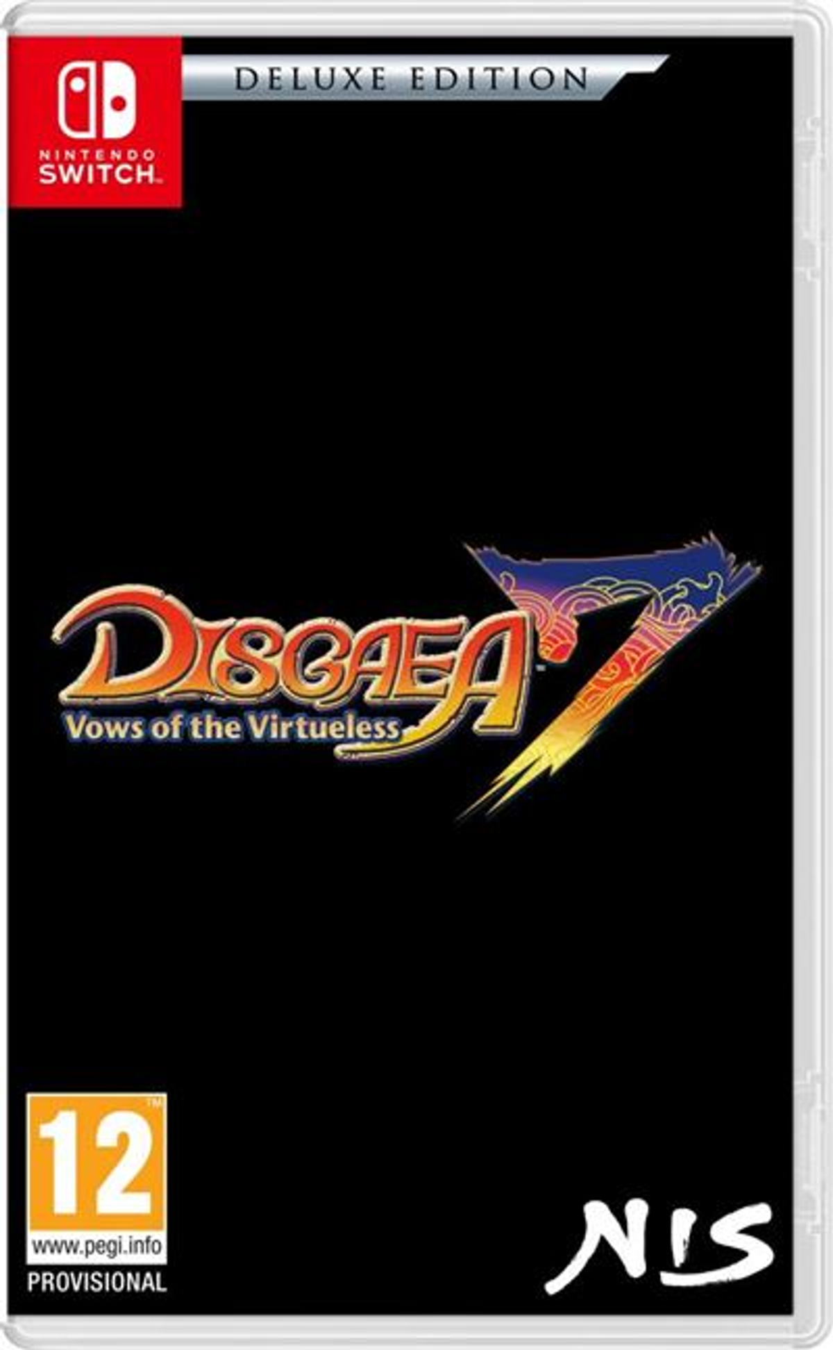 Caja de juego negra, con el título Disgaea 7. Incluye el logotipo de Nintendo Switch y una clasificación de 12.