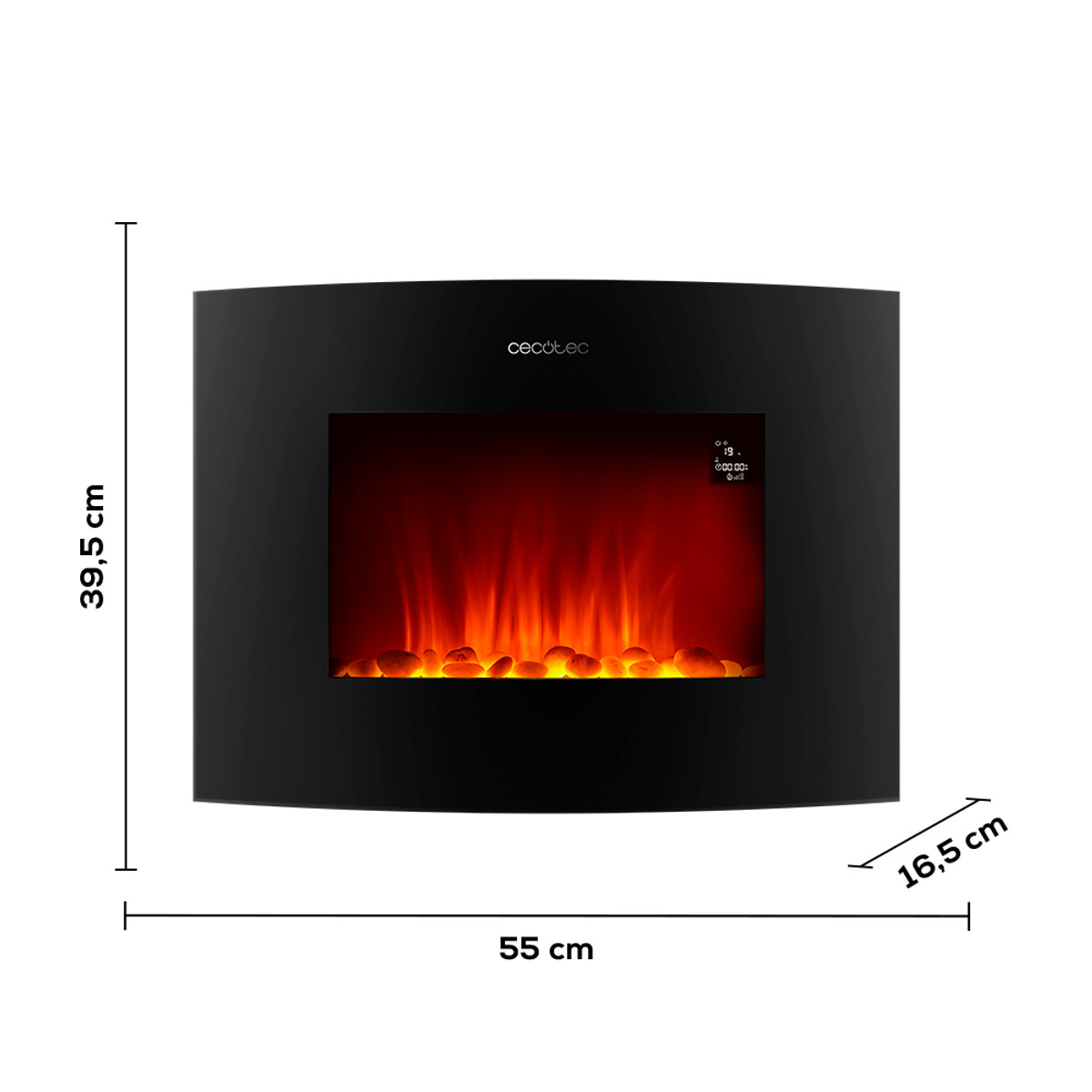Una chimenea eléctrica negra y curvada con un efecto de llama naranja brillante y una pequeña pantalla.