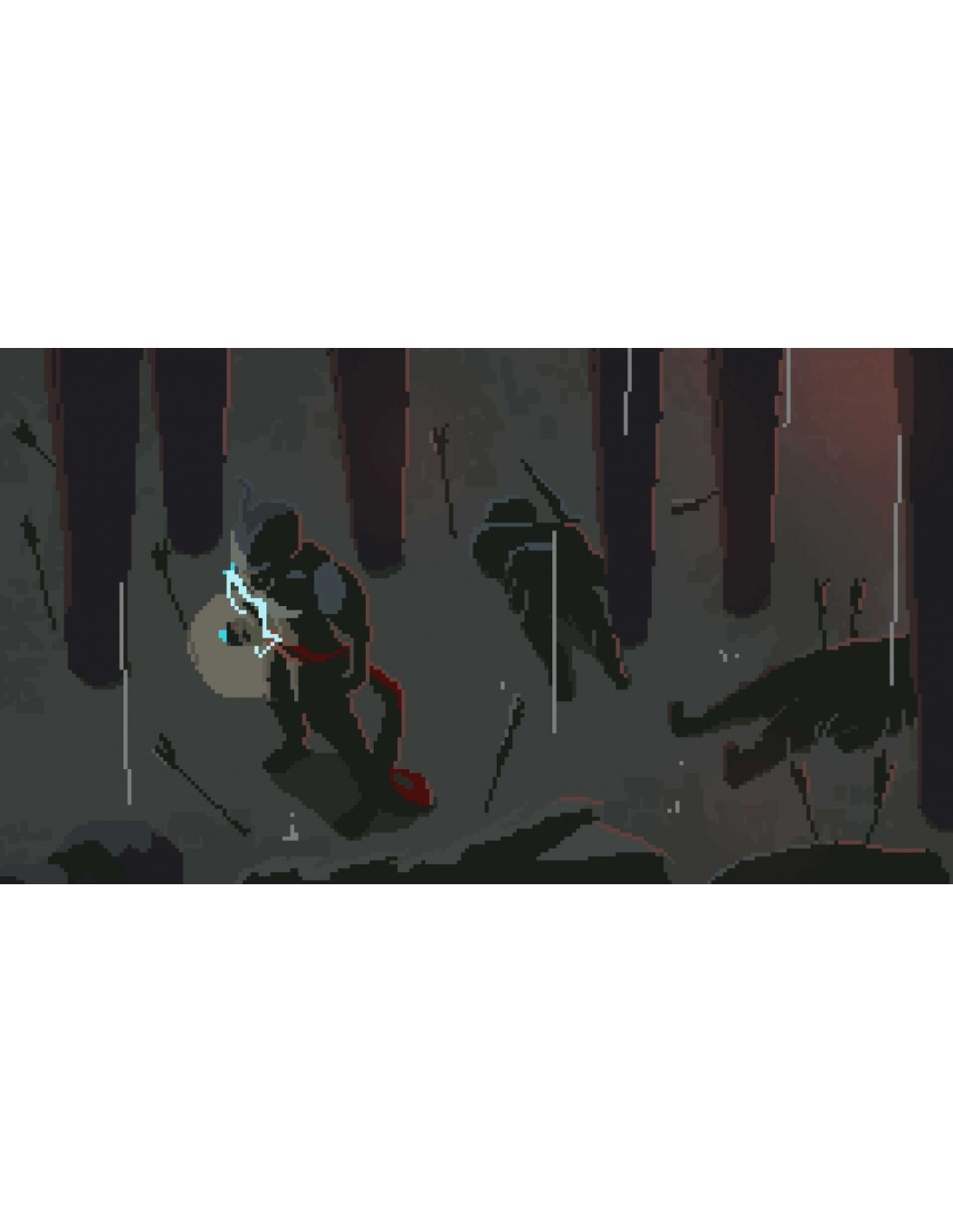 Imagen pixelada: Figura en un entorno oscuro luchando con un arma brillante.