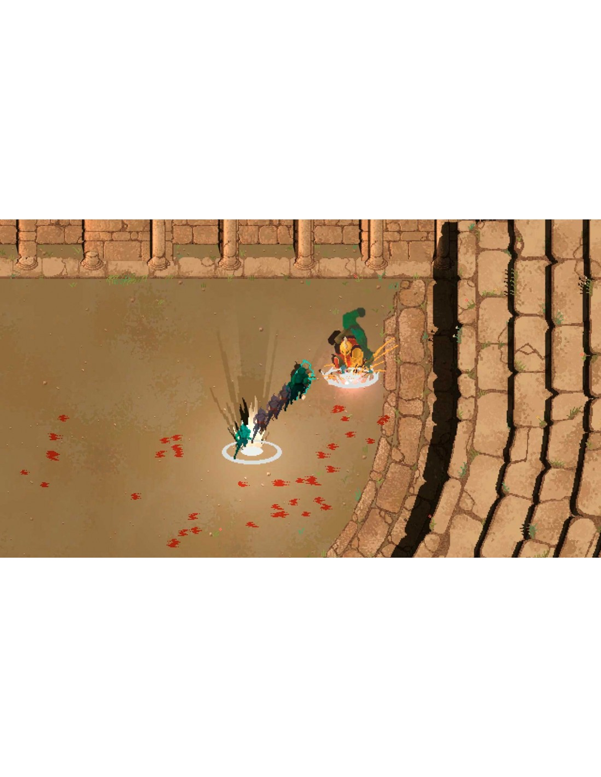 Una vista desde arriba de una escena de juego con dos personajes luchando en un entorno similar a una arena.