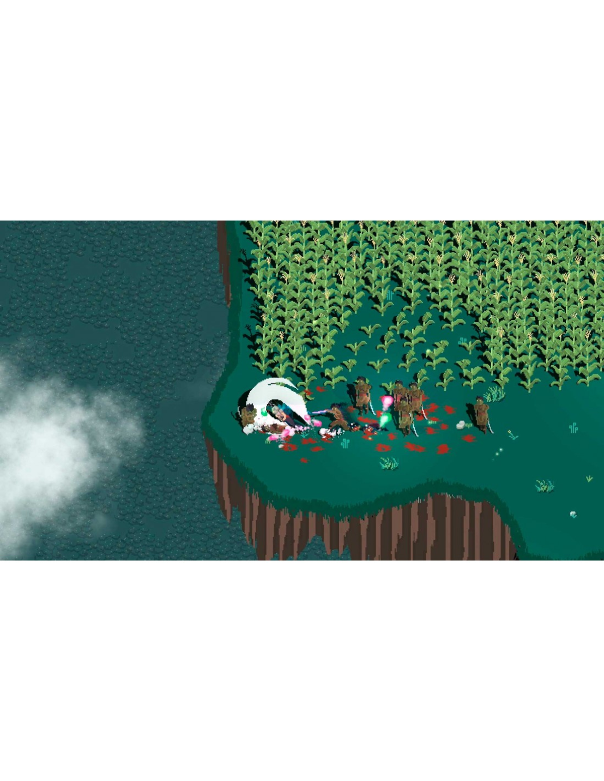 Escena de juego isométrica: guerreros en el borde de un acantilado verde, campo de maíz detrás, agua debajo.
