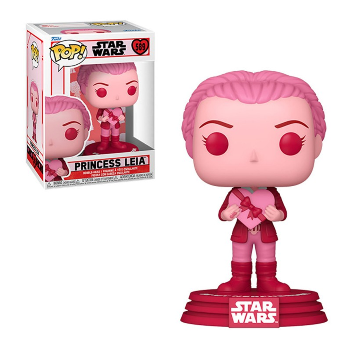 Figura de Princess Leia Funko Pop en caja y por separado. Traje rosa, sosteniendo un corazón.