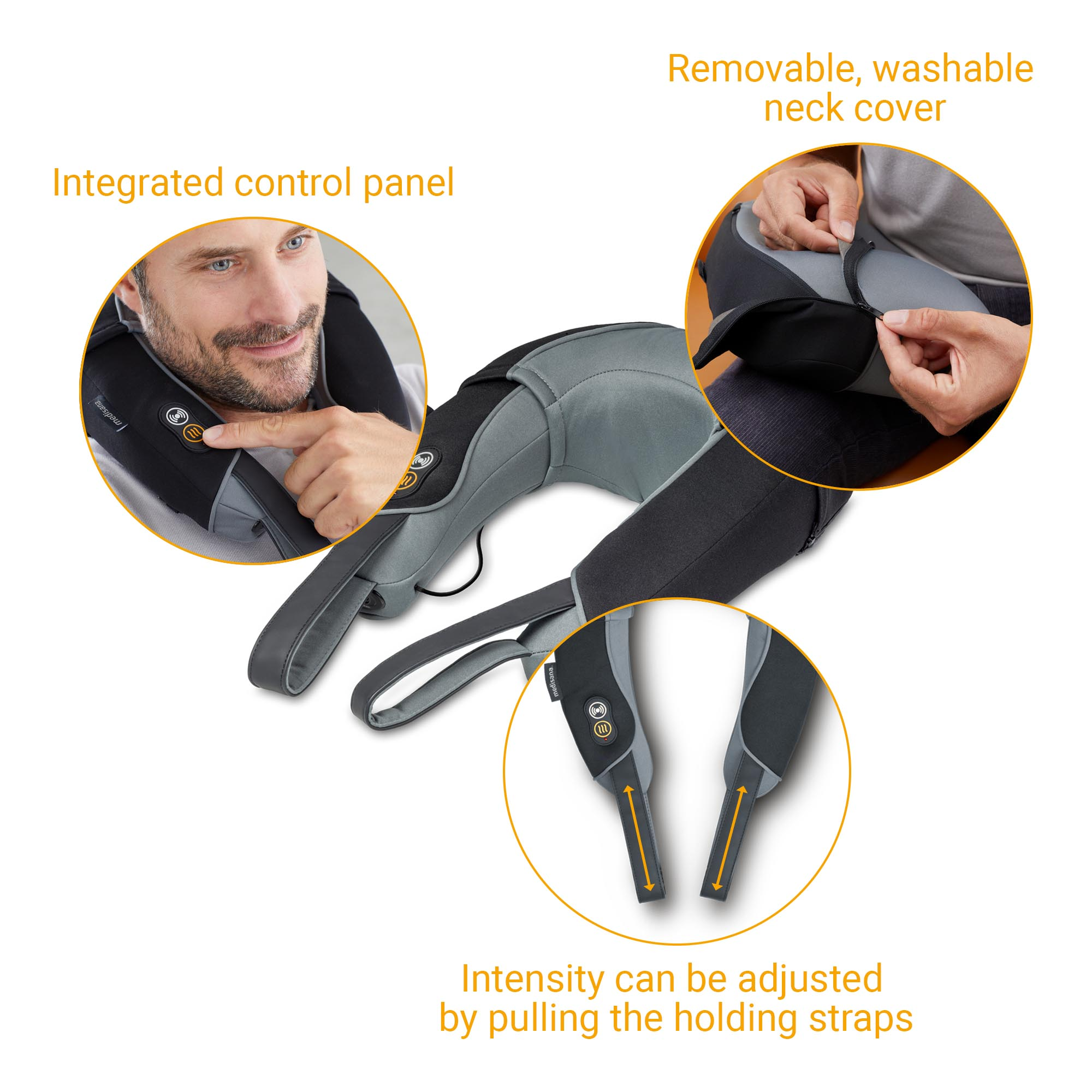 Mężczyzna używający masażera szyi. Obraz podkreśla panel sterowania i regulowane paski.