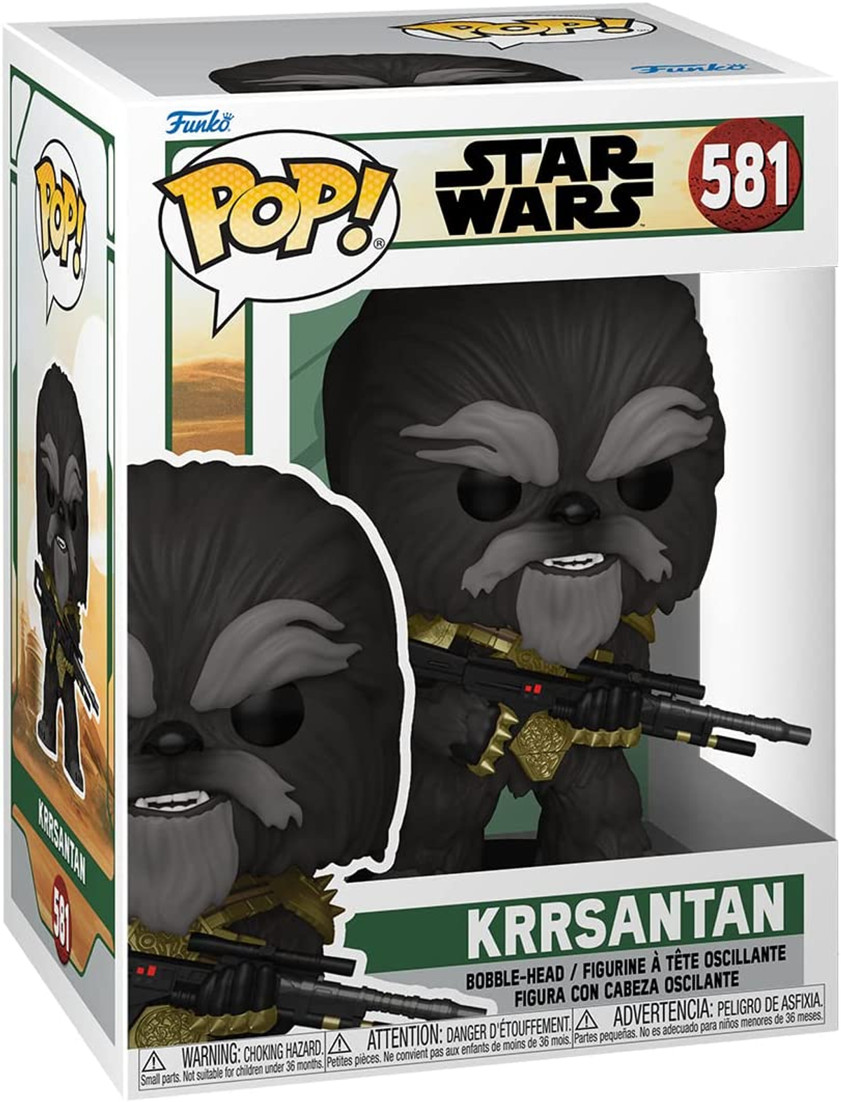 Funko Pop figuur van Star Wars personage Krrsantan. Hij houdt een geweer vast, in een doos.