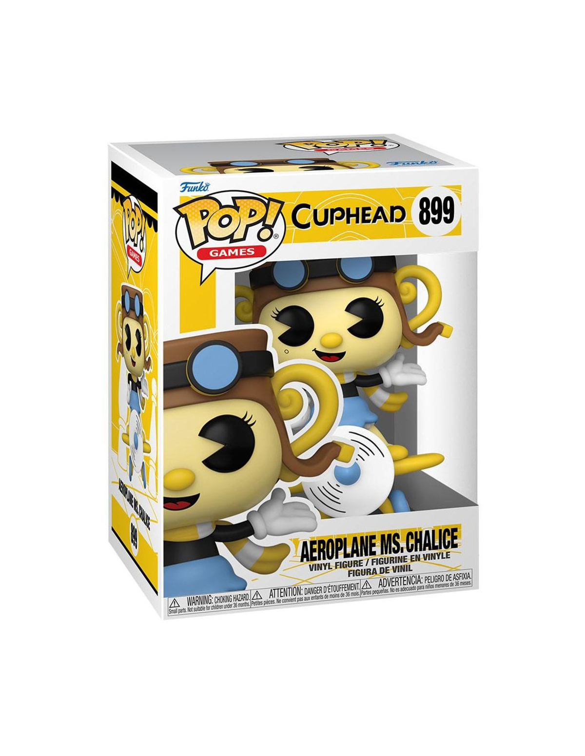 Funko Pop-Box. Aeroplane Ms. Chalice Figur darin. Gelb, weiß und blau.