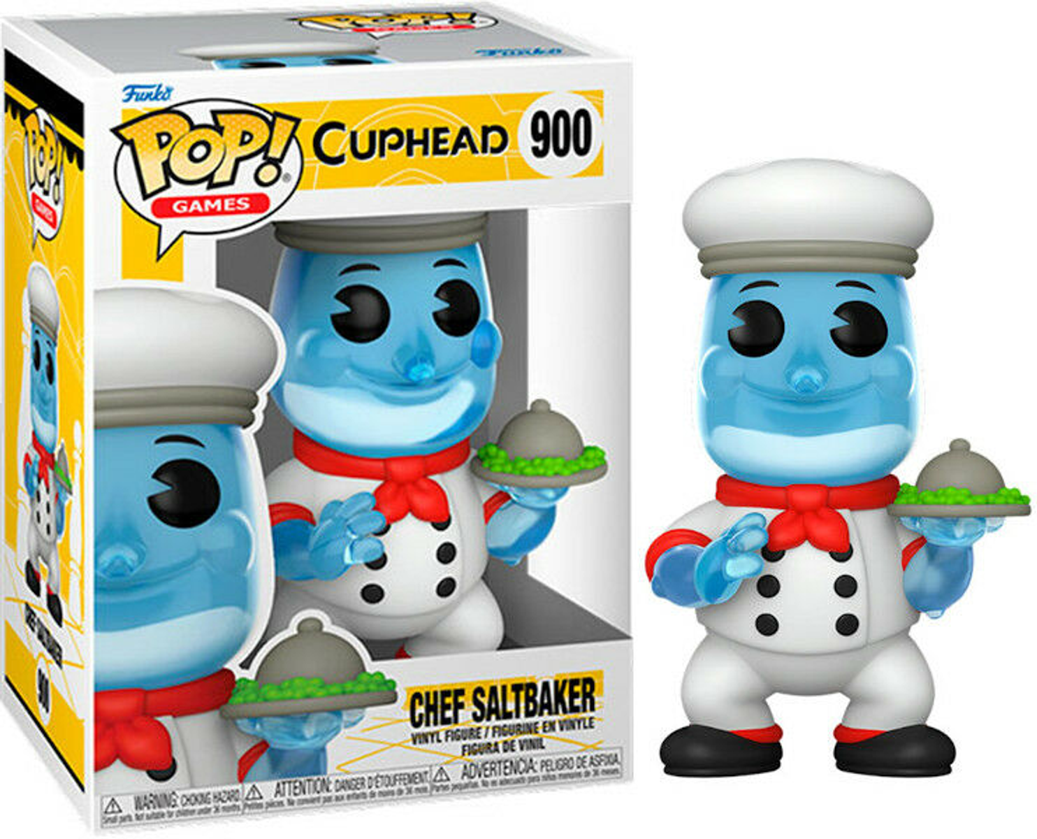 Figura Funko Pop!, Chef Saltbaker, figura azul con bandeja. Caja muestra otras figuras.