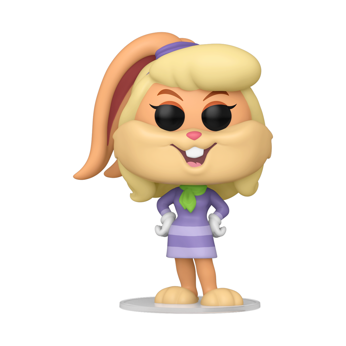 Figurina Funko Pop di Lola Bunny in piedi su una base bianca. Indossa un vestito viola e ha i capelli biondi.