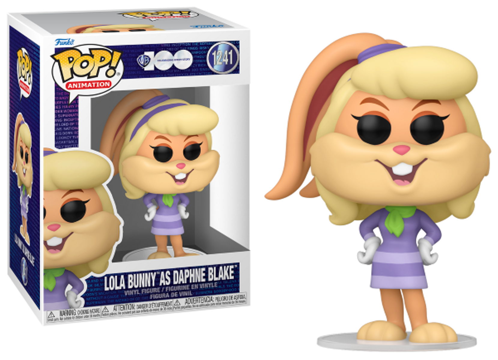Personaggio di Lola Bunny dalla scatola Funko Pop! Indossa un vestito viola, tiene una carota.