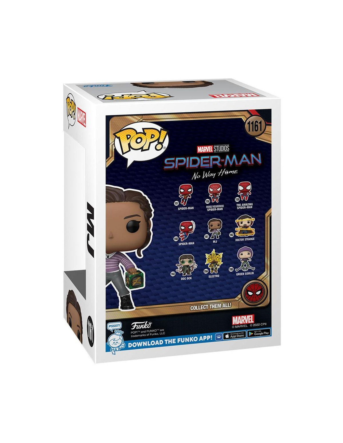 Caja para una figura Funko Pop de MJ de Spider-Man: No Way Home, con detalles del personaje.